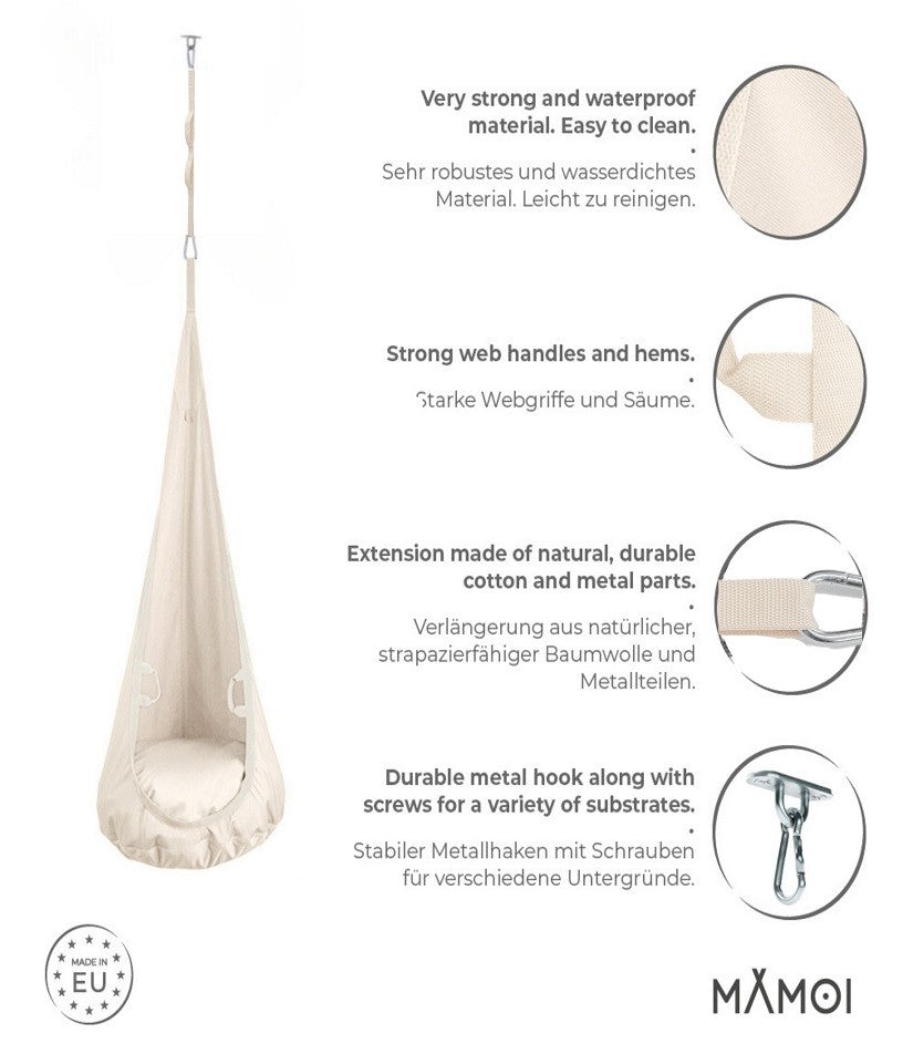 MAMOI® Swing hanging chair Beige, Indoor hammock, Sensory swing seat for bedroom for kids, Child door swinging nest for autism, Garden egg swings for children-2