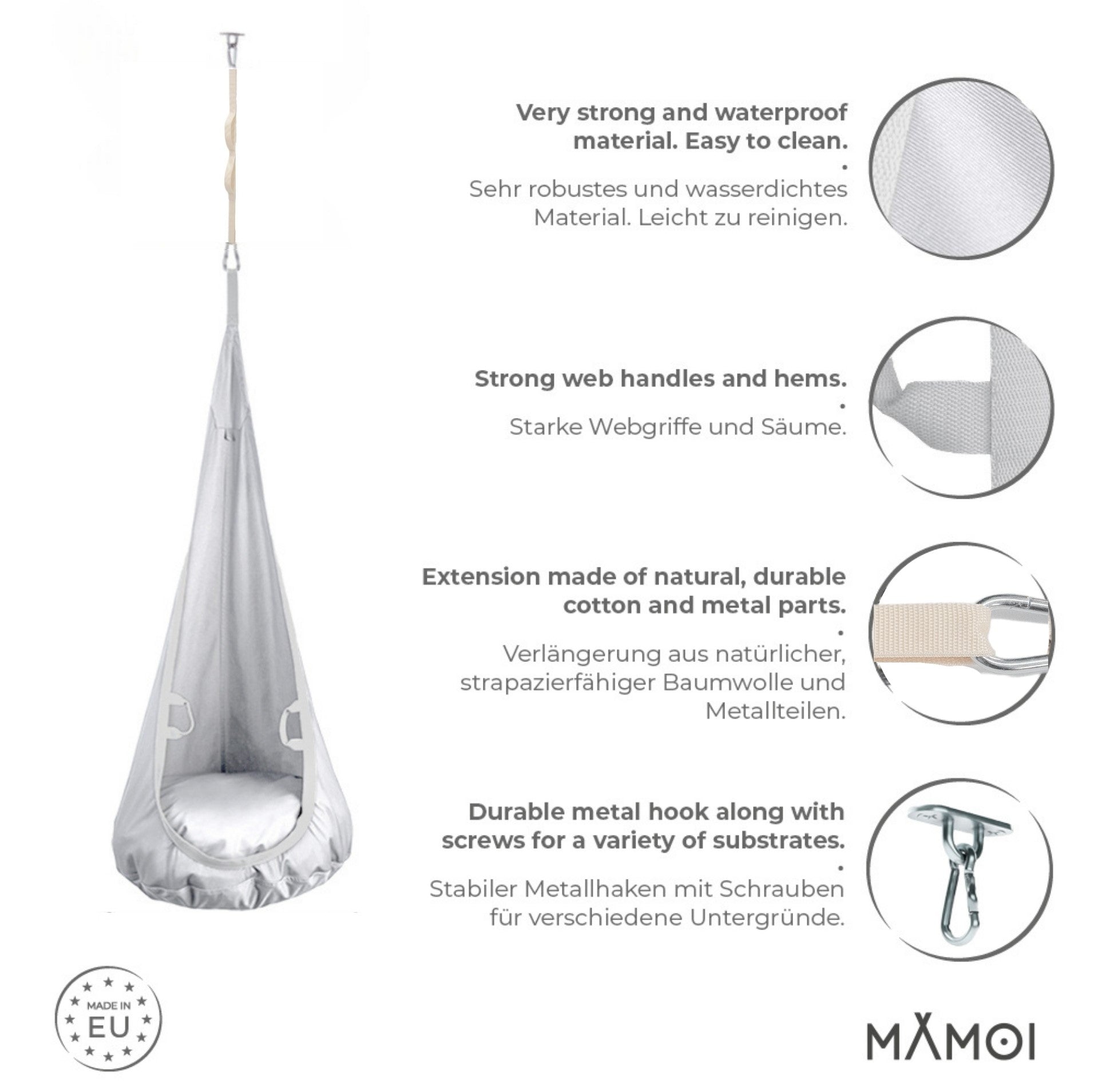 MAMOI® Swing hanging chair Light grey, Indoor hammock, Sensory swing seat for bedroom for kids, Child door swinging nest for autism, Garden egg swings for children-2