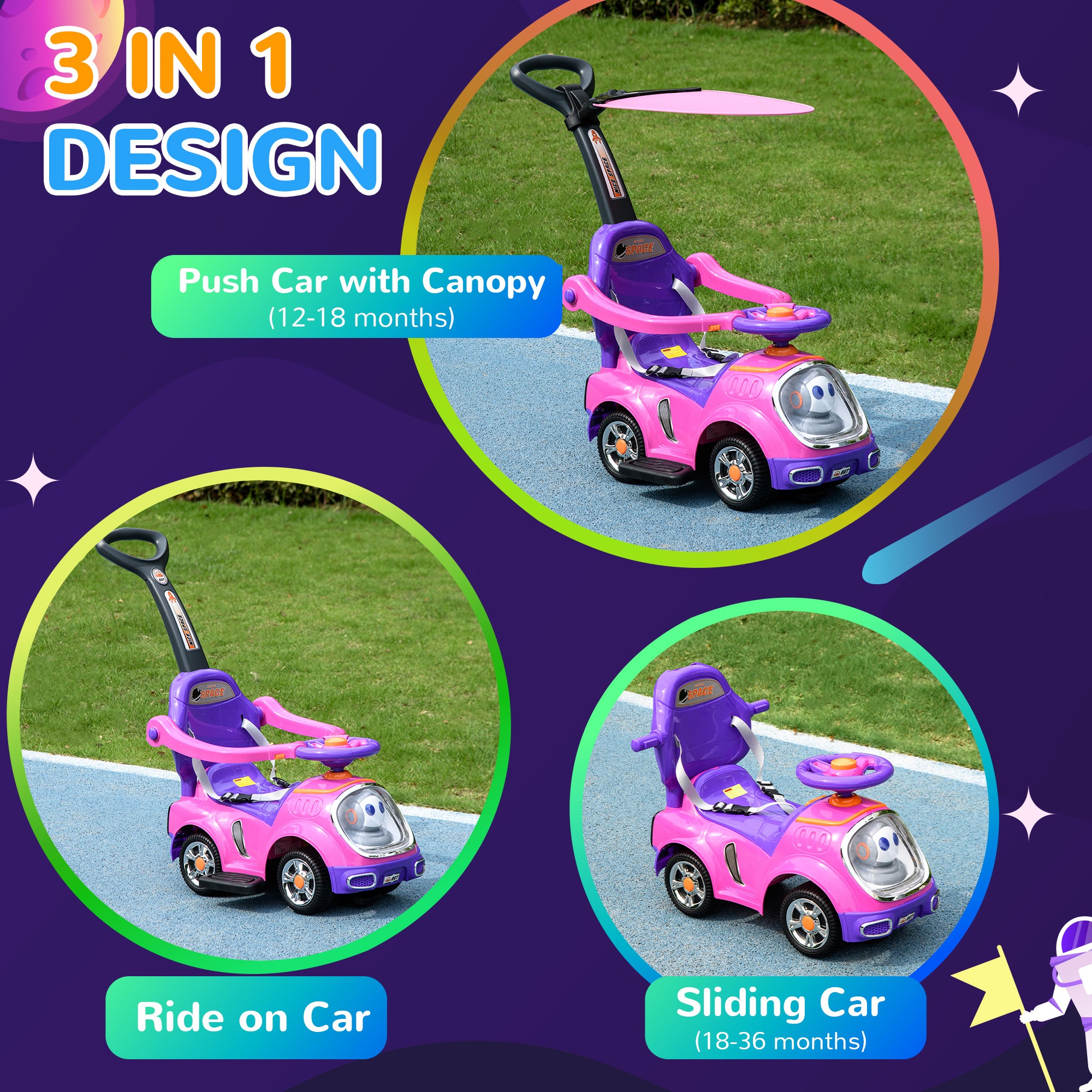 AIYAPLAY 3 in 1 Ride on Push Car, Cartoon Robot Theme Foot to Floor Slider with Handle Light Music Horn, Storage in Pink-2