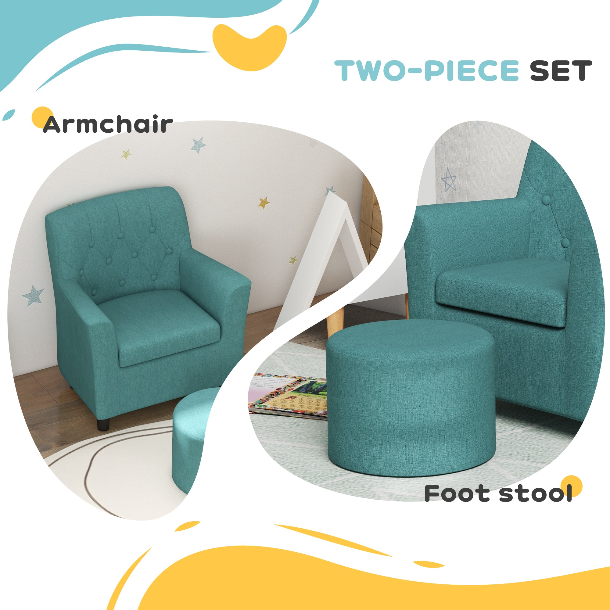AIYAPLAY 2PCs Kids Sofa Set with Footrest, for Playroom, Bedroom in Blue-2