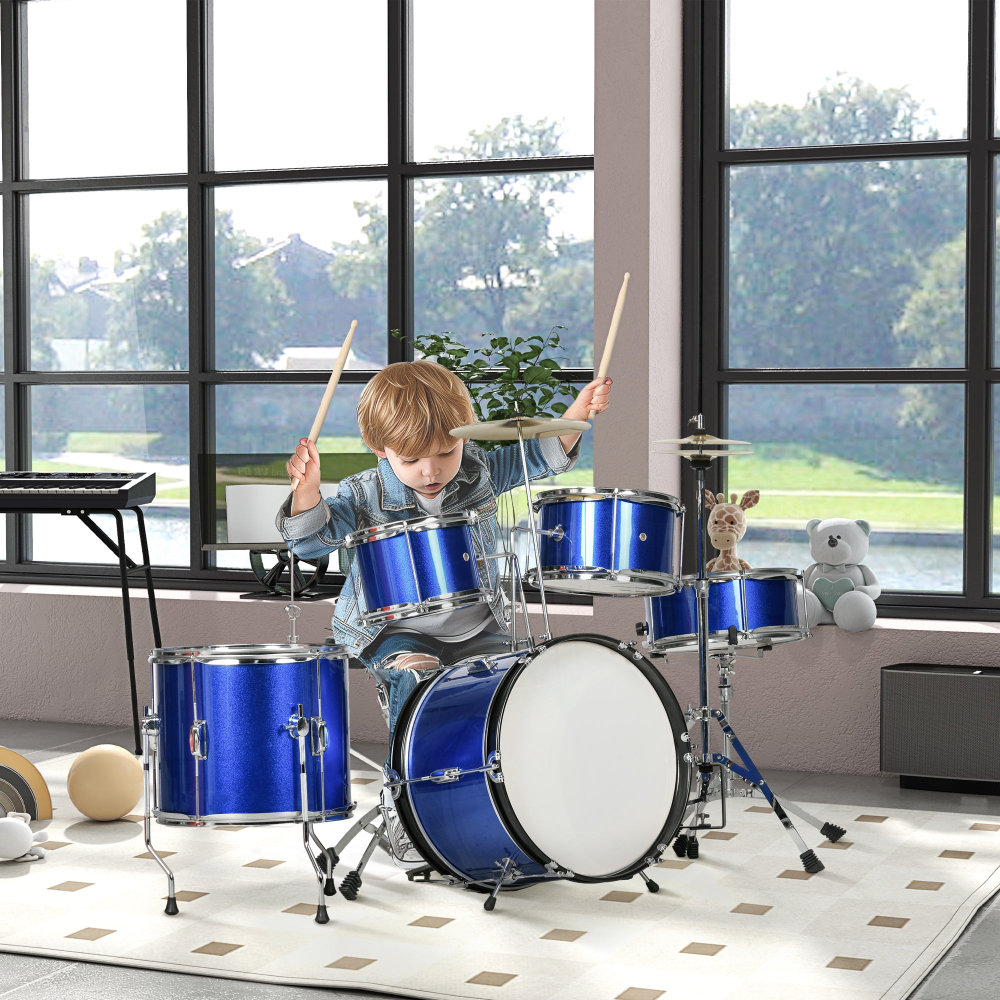 AIYAPLAY 11 Piece Kids Drum Kit with Stool, Drumsticks, Pedal, Cymbals, for 3-6 Years, Blue-8