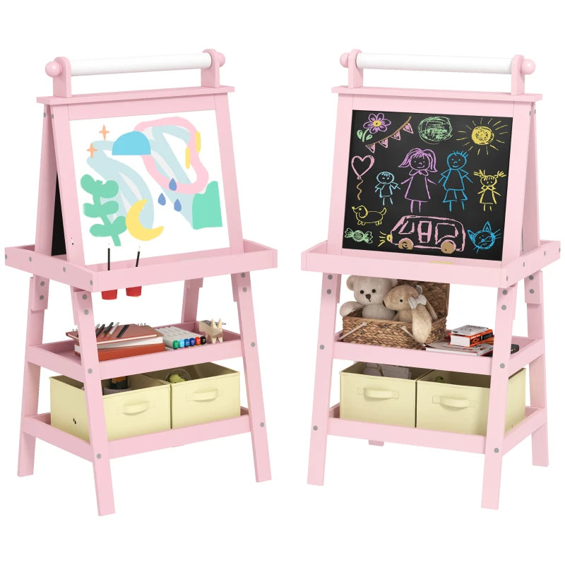 AIYAPLAY 3 in 1 Kids Easel Double-Sided Magnetic Whiteboard and Chalkboard with Paper Roll, Storage Baskets in Pink-0