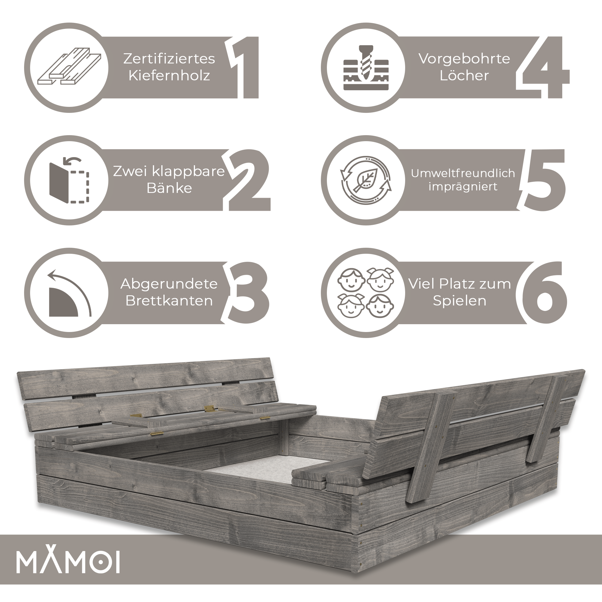 MAMOI Sandbox with cover 120x120 Sandbox Impregnated Sandbox with benches Wooden toy cover Benches 150x150-2