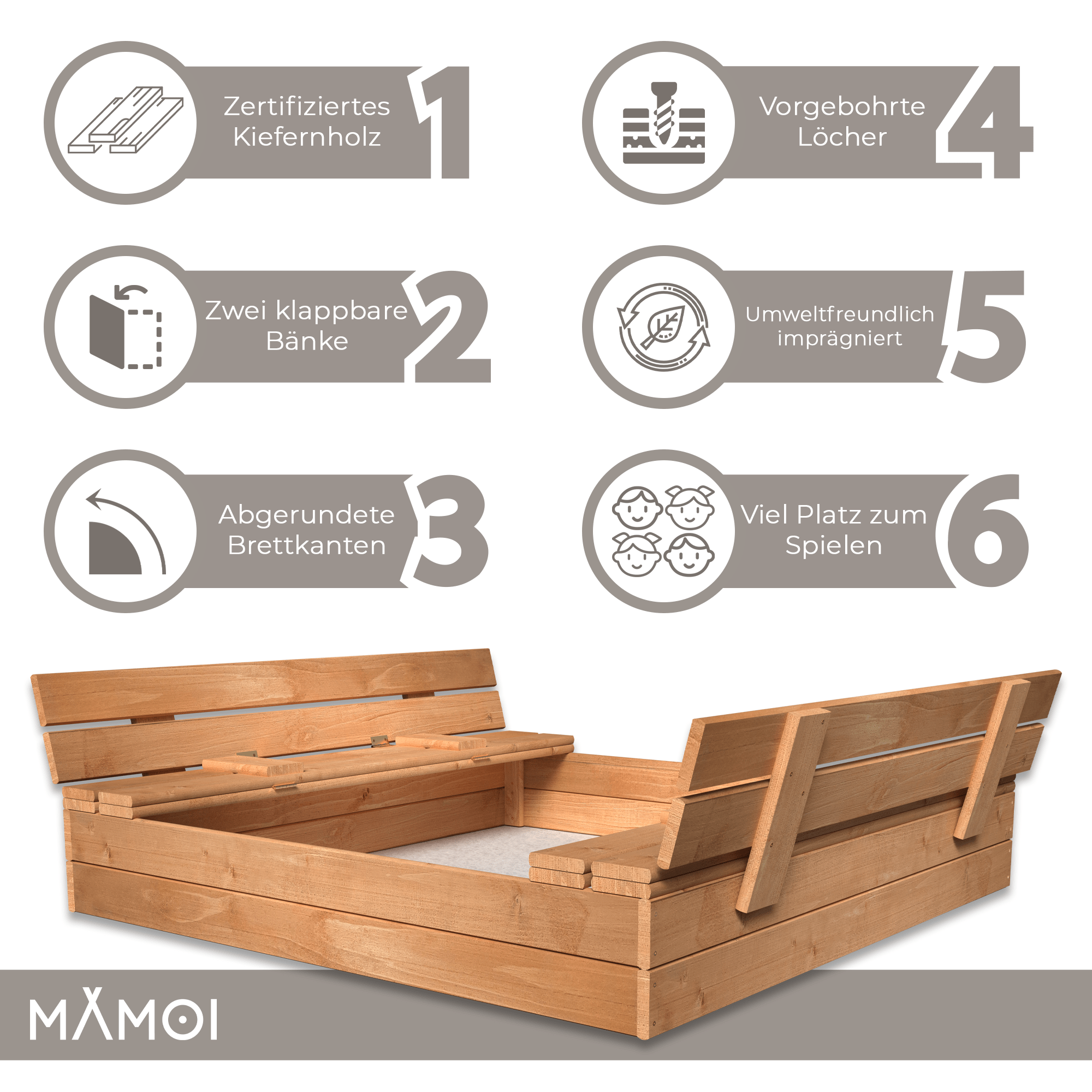 MAMOI Sandbox with cover 120x120 Sandbox Impregnated Sandbox with benches Wooden toy cover Benches 150x150-2