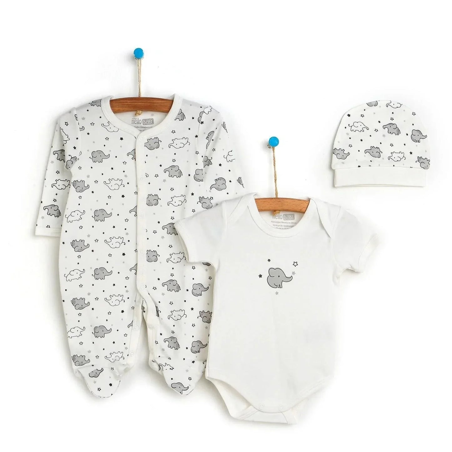 HelloBaby Newborn Baby Cute Elephant Romper Baby and Hat Set 3 pcs - Ecru