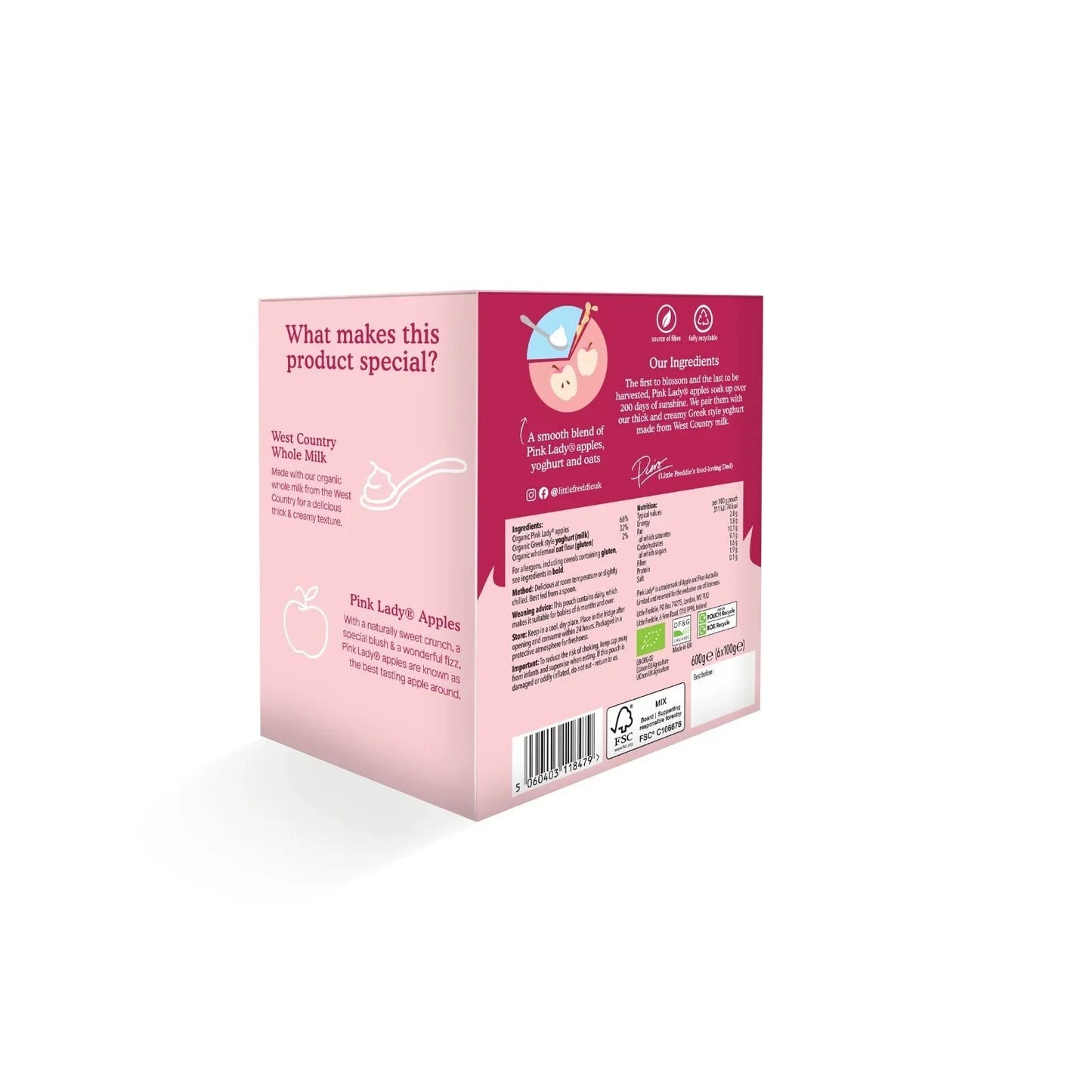 Little Freddie Organic Pink Lady Greek Style Yoghurt Baby Food Pouch Multipack 6+ months 600g (6x100g)