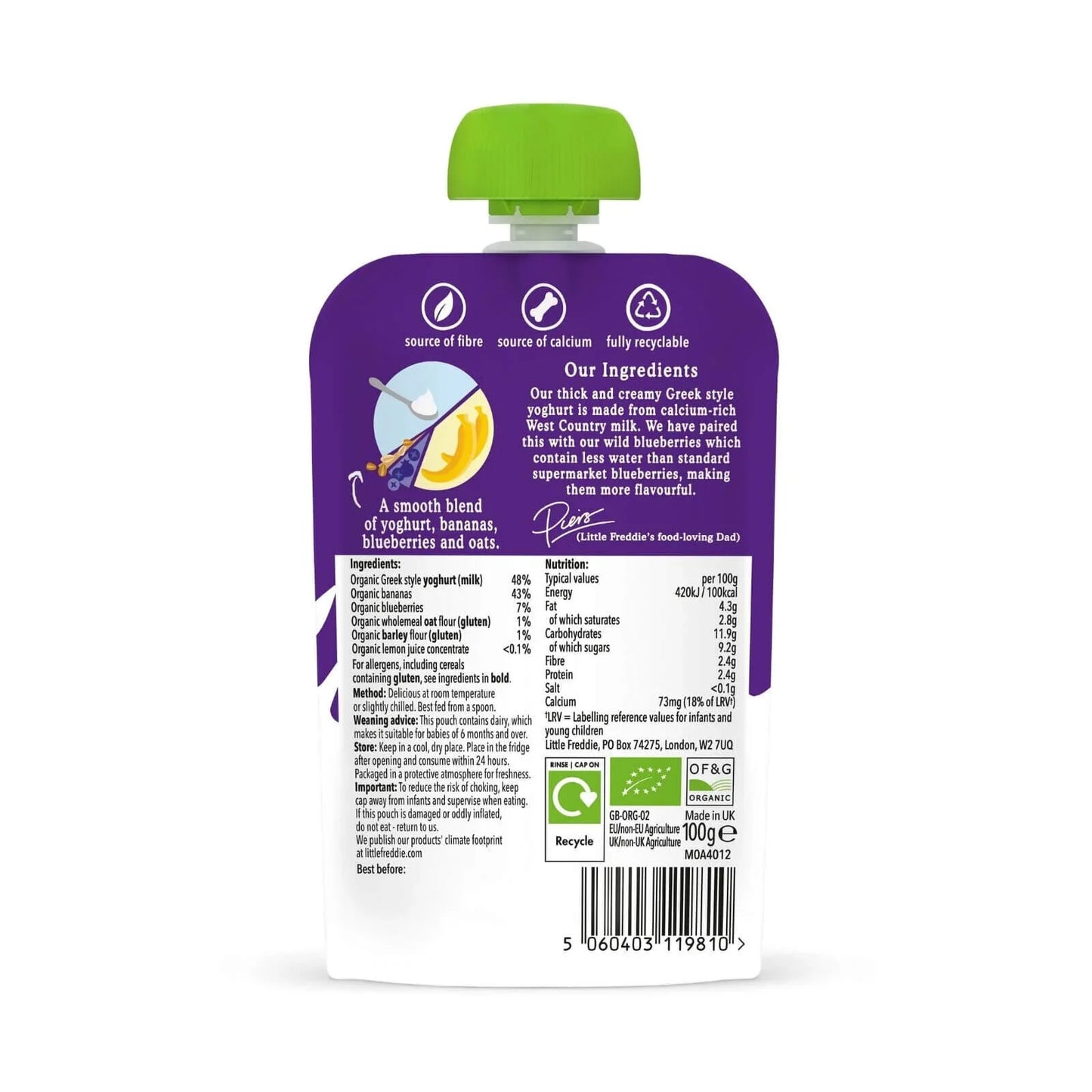 Little Freddie Organic Blueberry & Banana Greek Style Yoghurt Baby Food Pouch 6+ months 100g