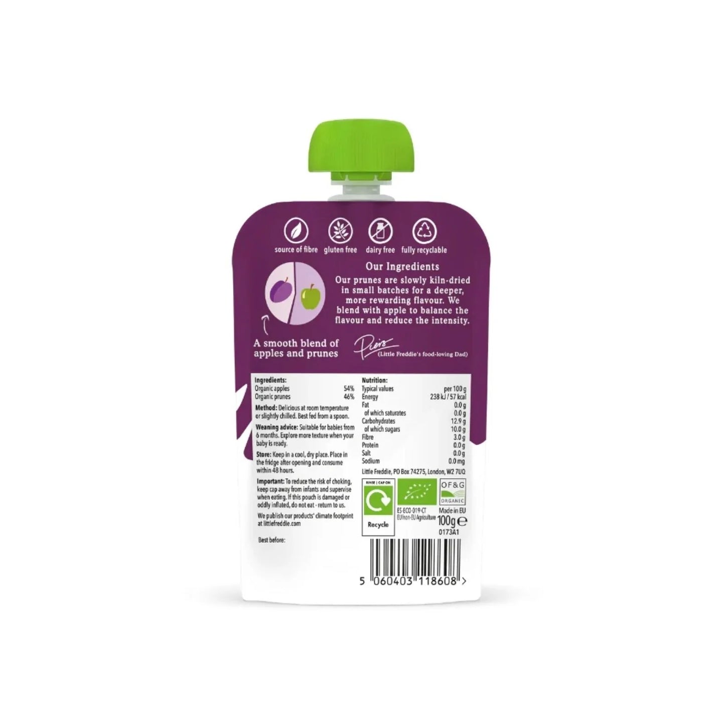 Little Freddie Organic Prunes & Apples Baby Food Pouch 6+ months 100g