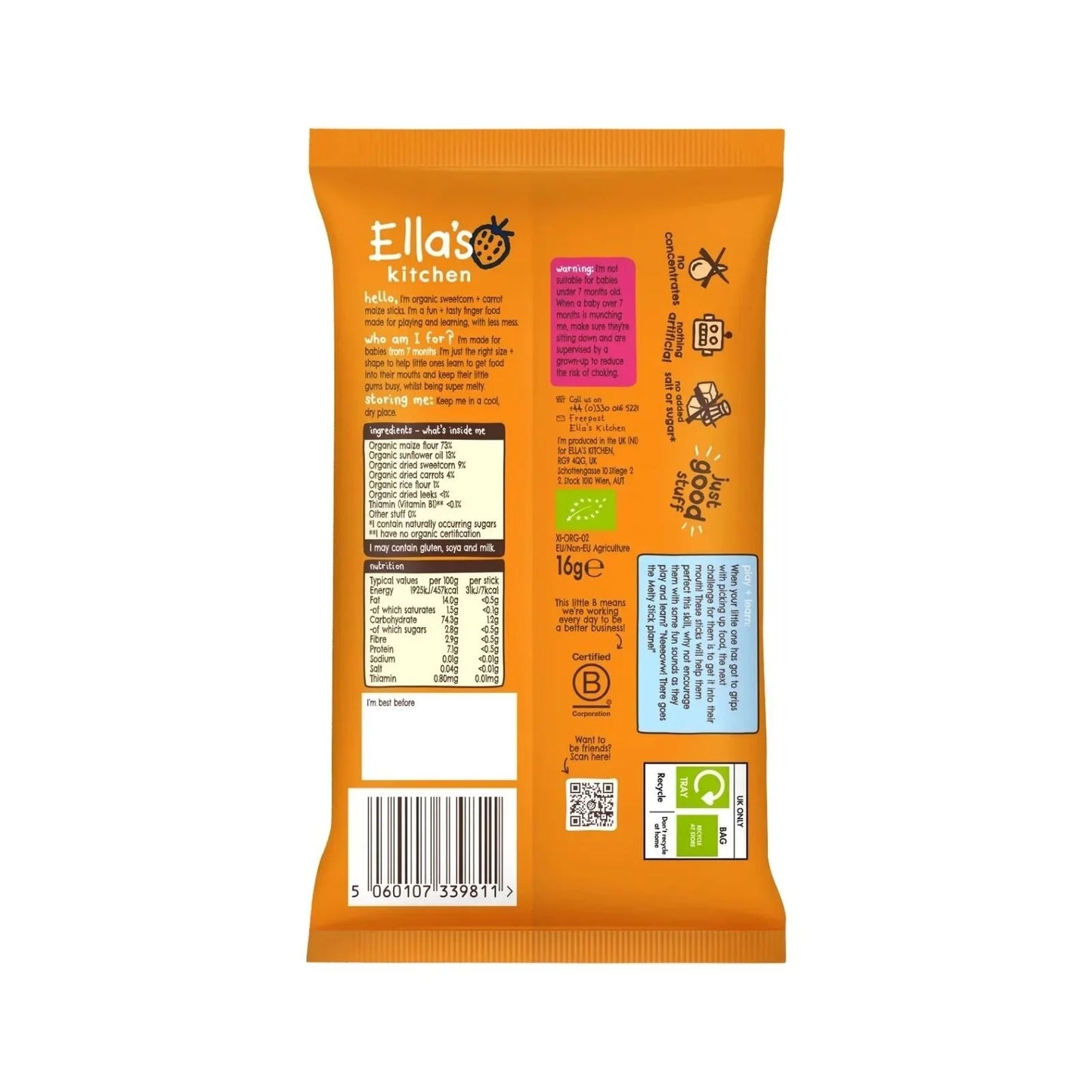Ella's Kitchen Organic Sweetcorn & Carrot Melty Sticks Baby Snack 7+ months 16g