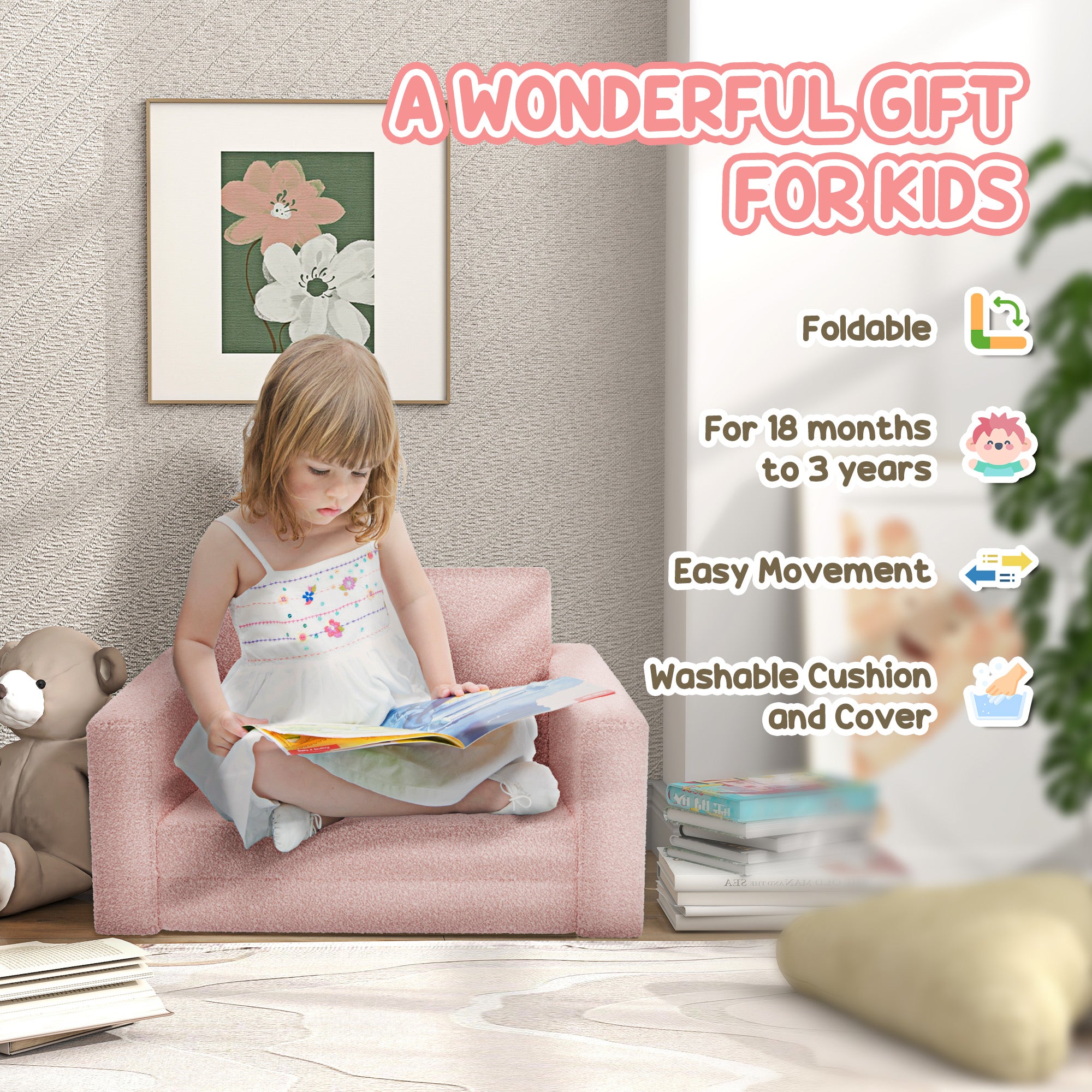 Childrens Sofa 2 in 1 Kids Convertible Sofa Kids Armchair, Foldable Recliner for Bedroom Playroom Living Room, Pink | AIYAPLAY-4