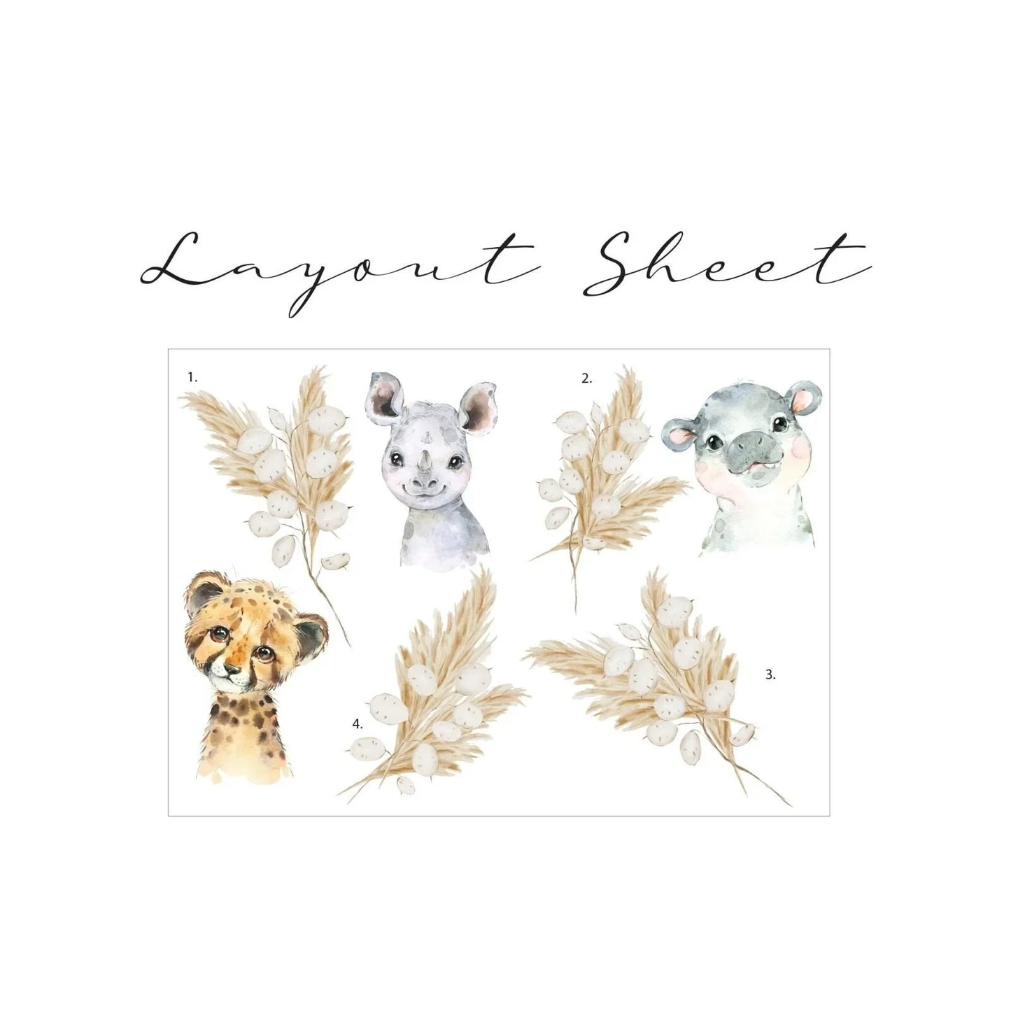 Live Vida Baby Safari Wall Sticker Hippo & Cheetah & Rhino 3 pcs