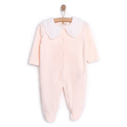 HelloBaby Newborn Unisex Embroidered Velvet Jumpsuit - Light Pink