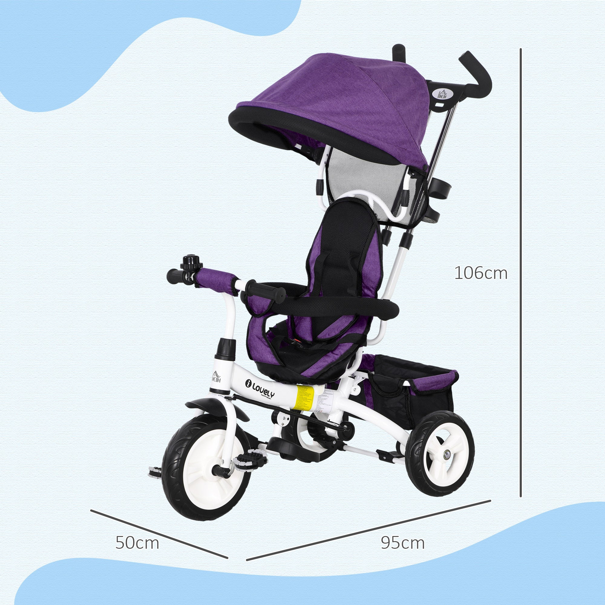 4 in 1 Kids Trike Push Bike w/ Push Handle, Canopy, 5-point Safety Belt, Storage, Footrest, Brake, for 1-5 Years in Purple | HOMCOM-1