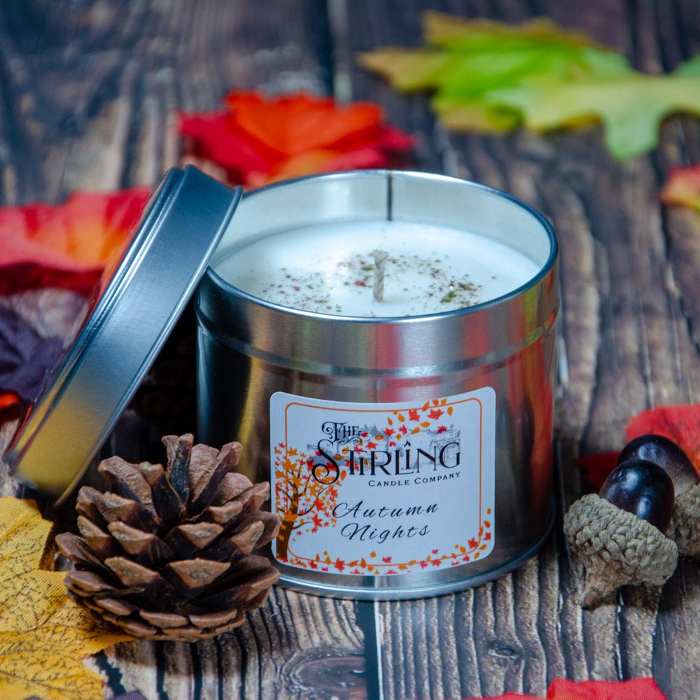Autumn Nights - Travel Tin Candle - Cotton Wick - mezetto Shopify Collective The Stirling Candle Company