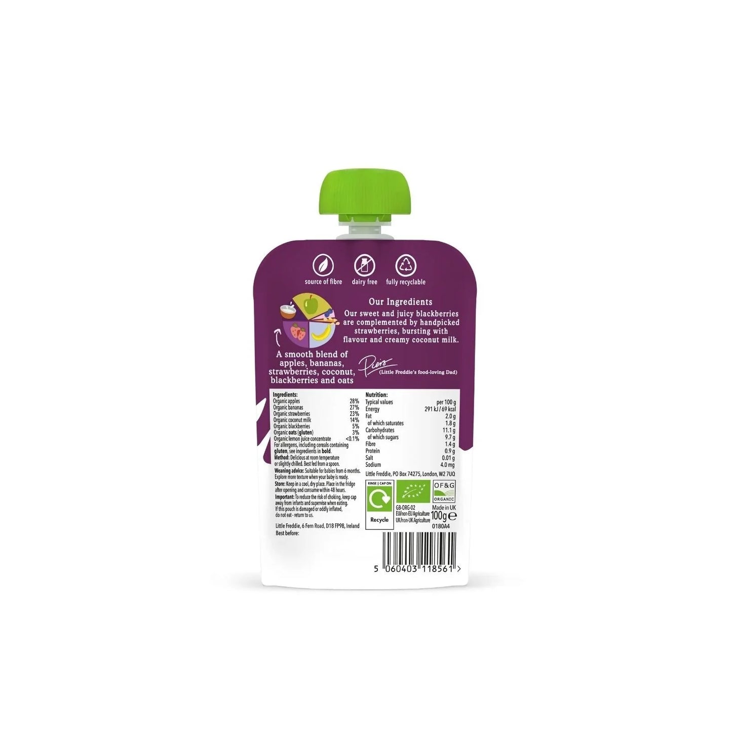 Little Freddie Organic Coconut & Summer Berries Baby Food Pouch 6+ months 100g