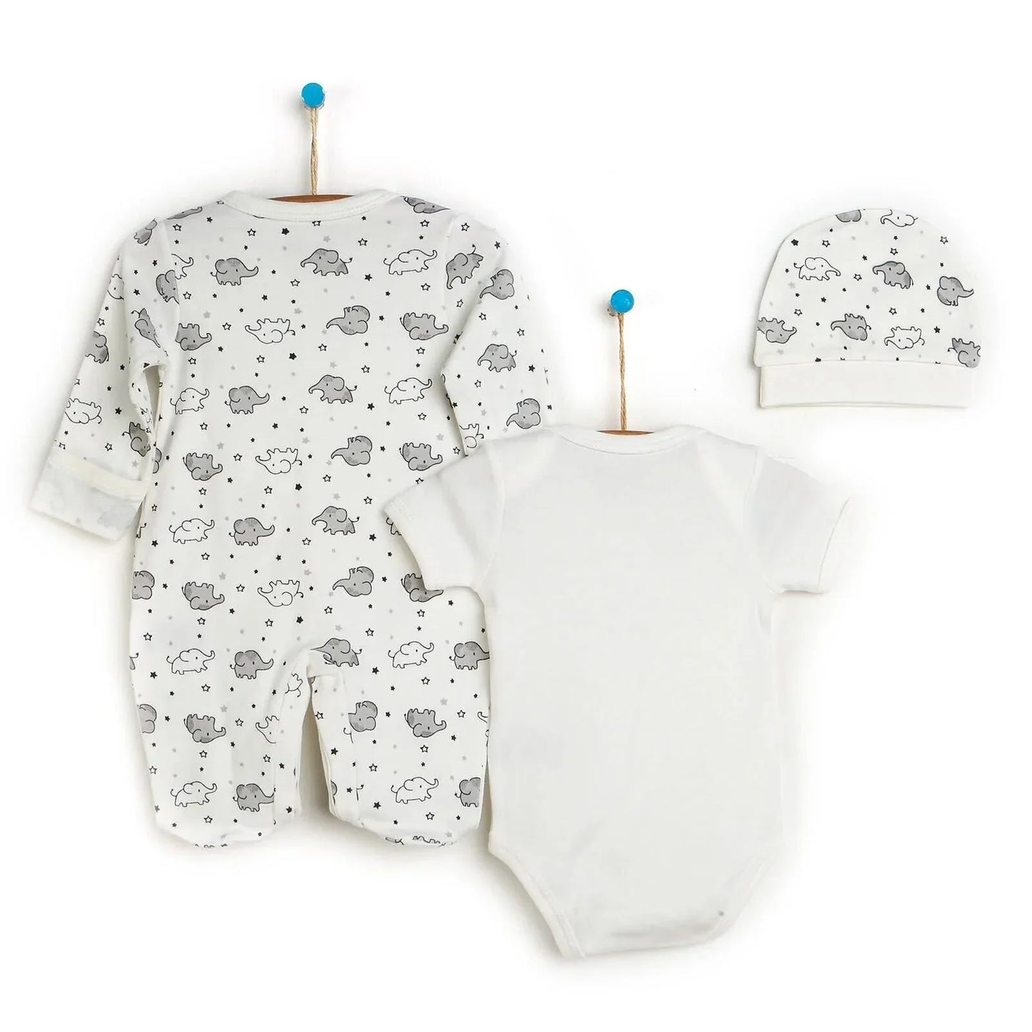 HelloBaby Newborn Baby Cute Elephant Romper Baby and Hat Set 3 pcs - Ecru