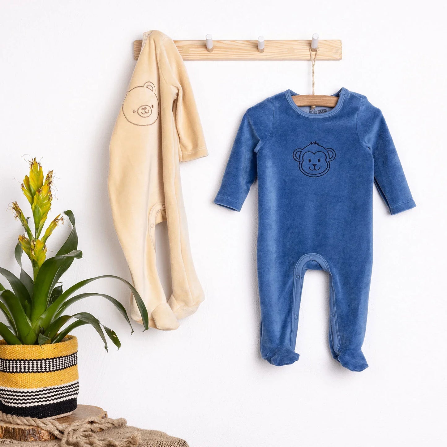 HelloBaby Newborn Boy Embroidered Velvet - Light Brown