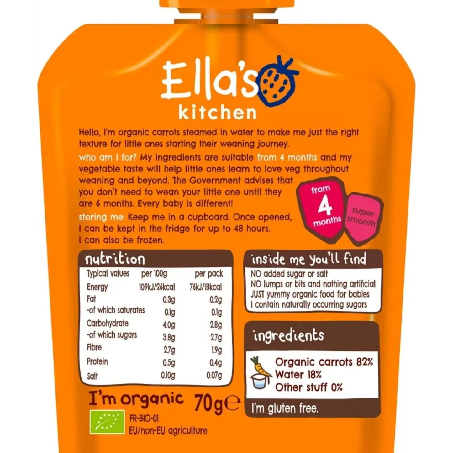 Ella's Kitchen Organic Carrots First Taste Baby Food Pouch 4+ months 70g