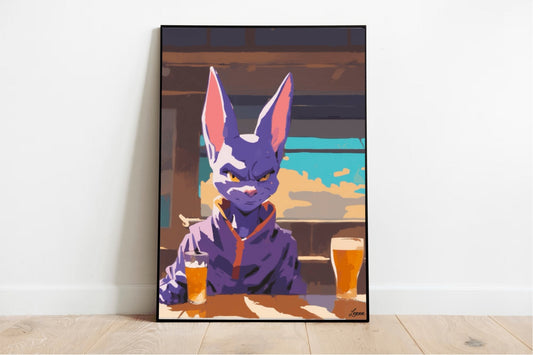Cosmic Cat Bar Scene – Whimsical Beerus Fan Art