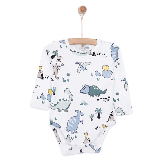 HelloBaby Boy Dino Printed Long Sleeve Bodysuit - White