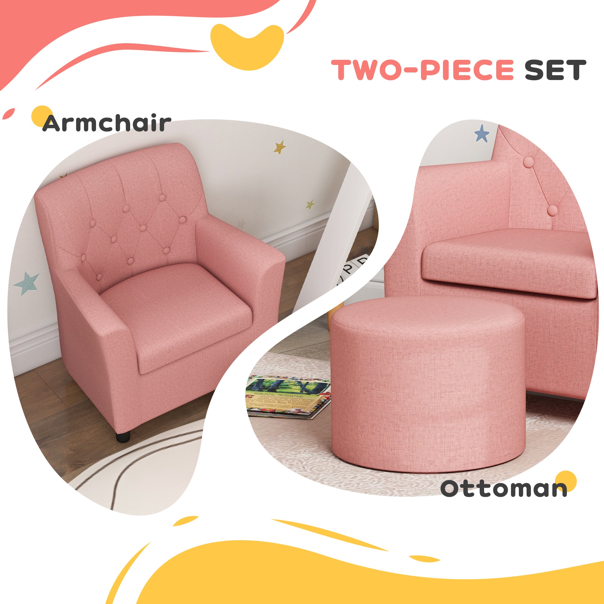 AIYAPLAY 2PCs Kids Sofa Set with Footrest, for Playroom, Bedroom in Pink-2