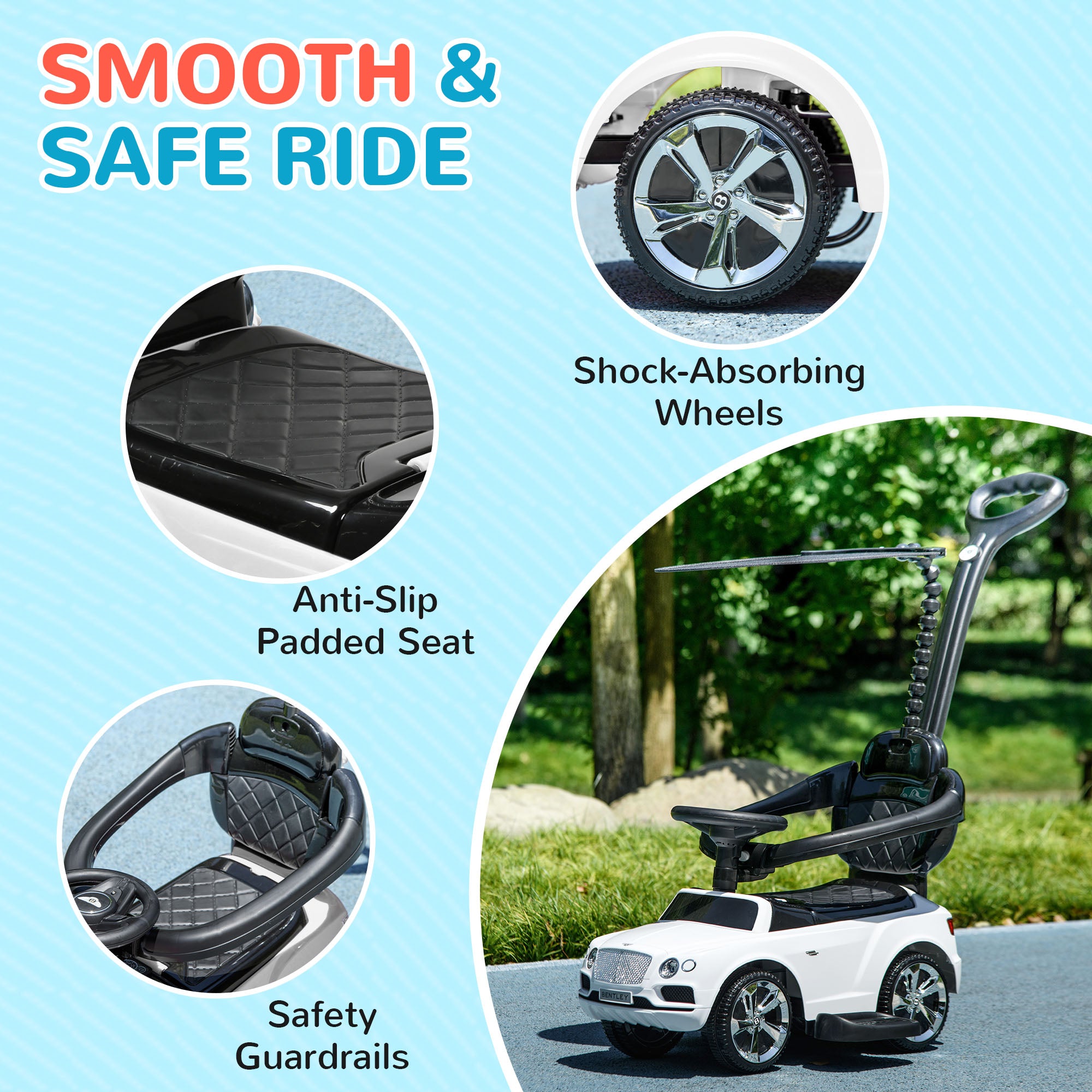 AIYAPLAY Bentley Bentayga Licensed 3-in-1 Baby Push Car,  Ride on Car Sliding Car with Canopy, Horn Music in White-6