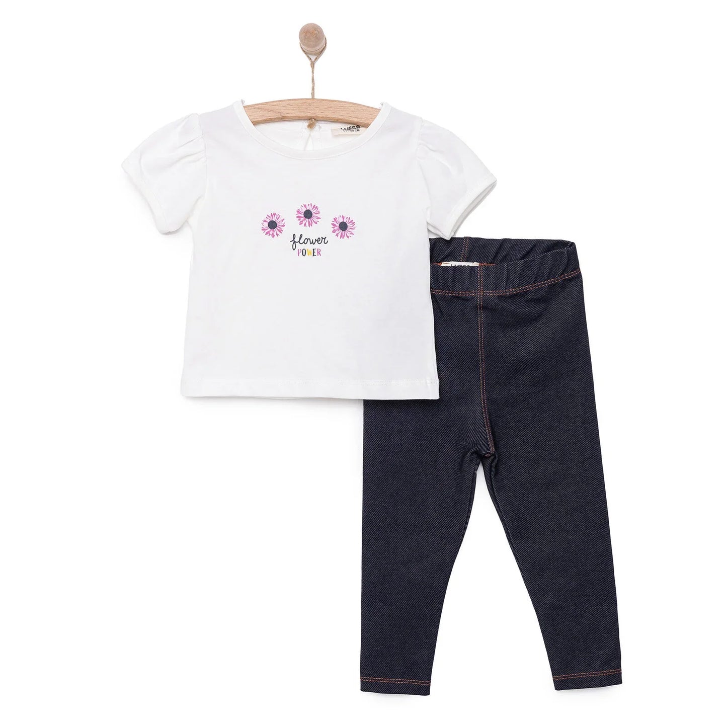 Luess Girl Flower Patterned T-shirt & Leggings - Ecru