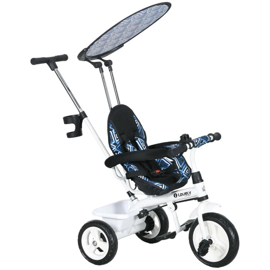 4 in 1 Tricycle for Kids with 5-point harness straps, Removable Canopy, Blue | HOMCOM-0