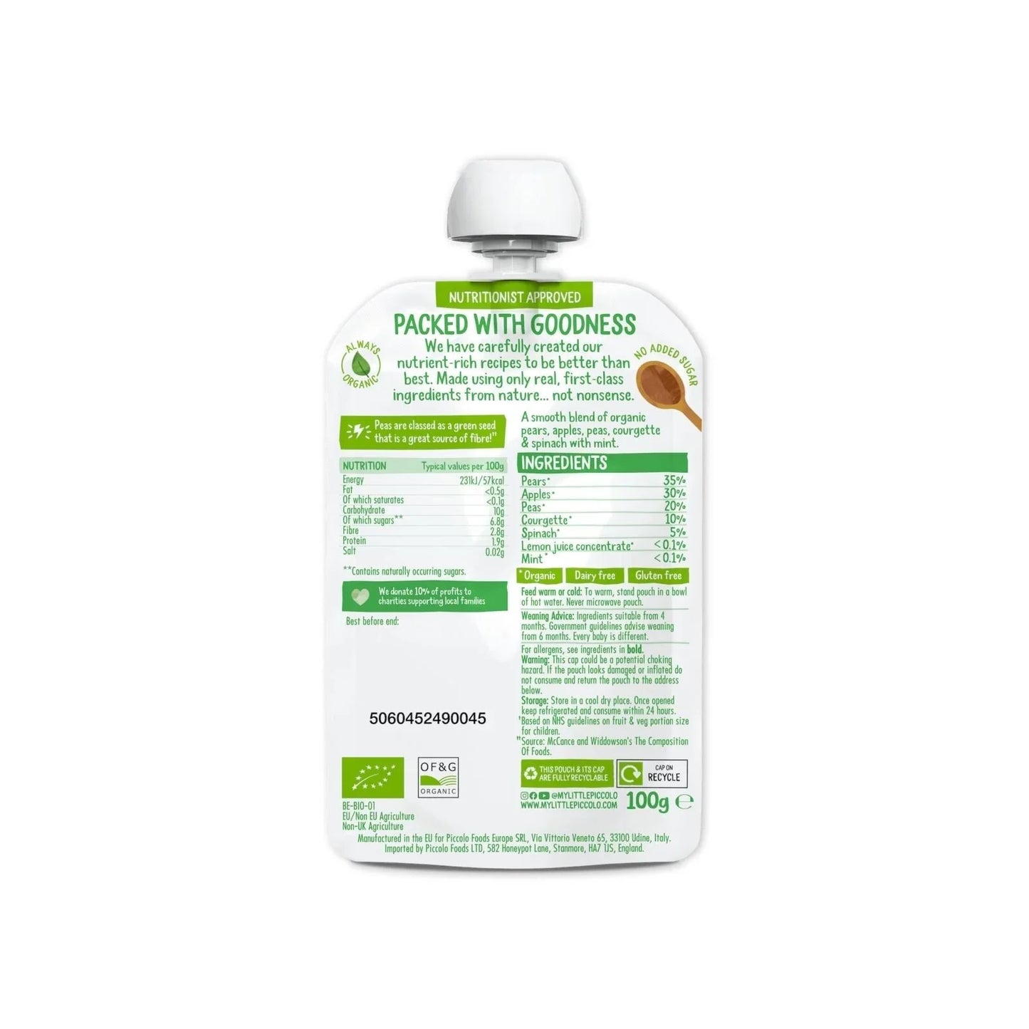 Piccolo Organic Pear Apple & Spring Greens 4+ months 100g