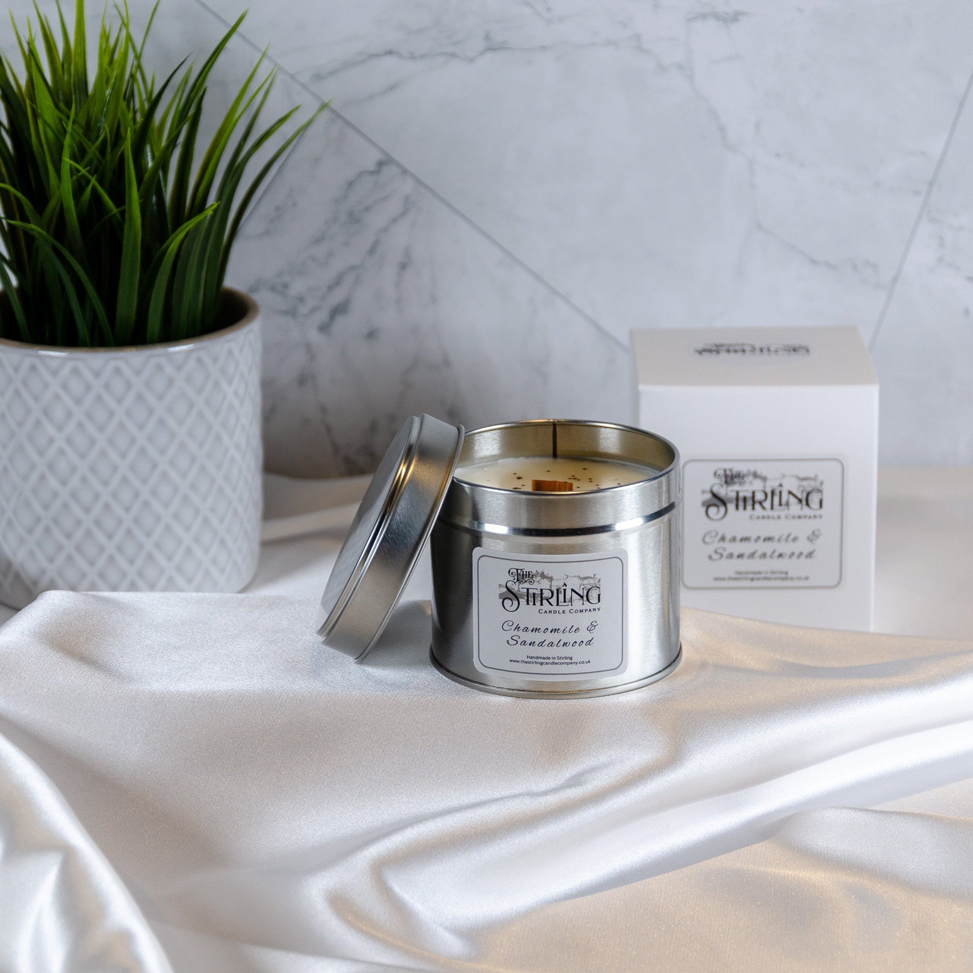 Chamomile & Sandalwood - Travel Tin Candle - Wooden Wick - mezetto Shopify Collective The Stirling Candle Company