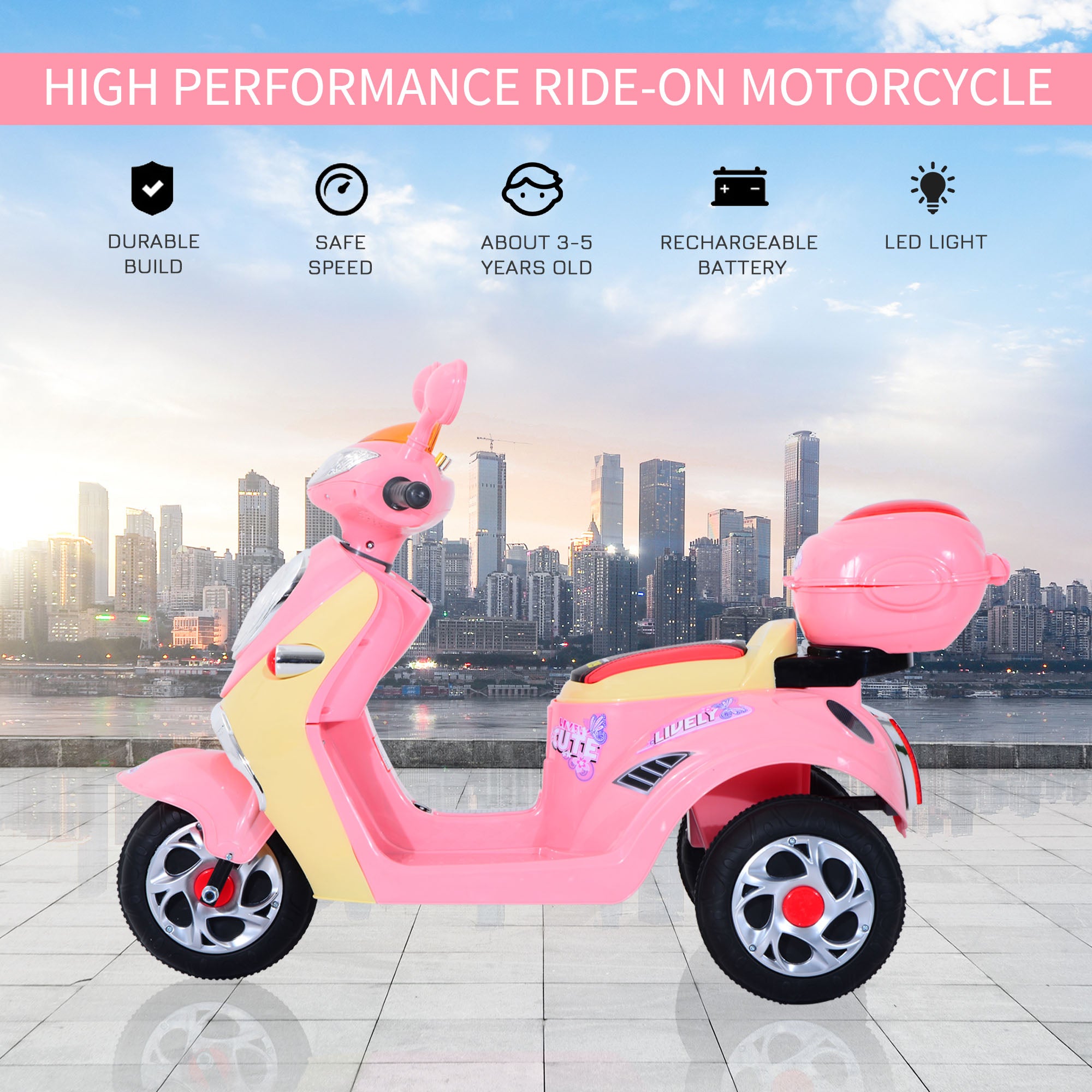 HOMCOM Toy Motorbike Plastic Music Playing Electric Ride-On Motorbike w/ Lights Pink-2