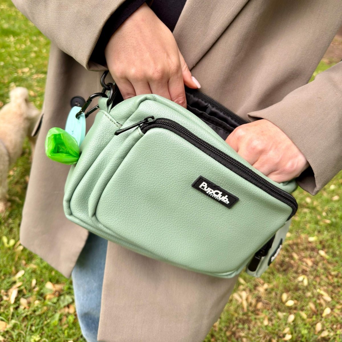 Crossbody Dog Walking Bag - Vegan Leather Sage Green - mezetto PupClub Couture PupClub Couture