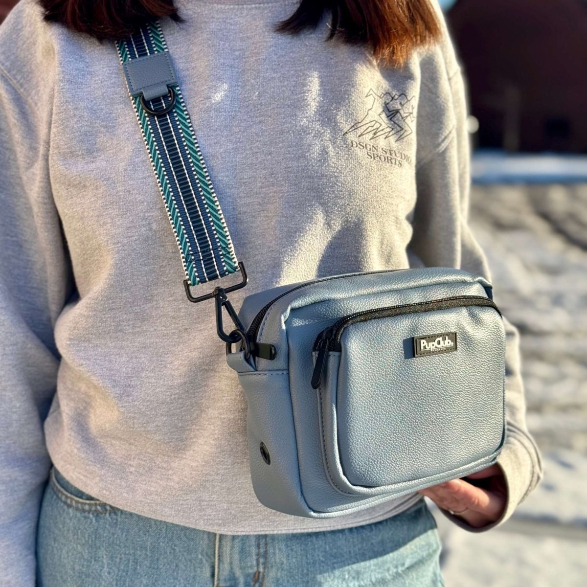 Crossbody Dog Walking Bag - Vegan Leather Slate Blue - mezetto PupClub Couture PupClub Couture