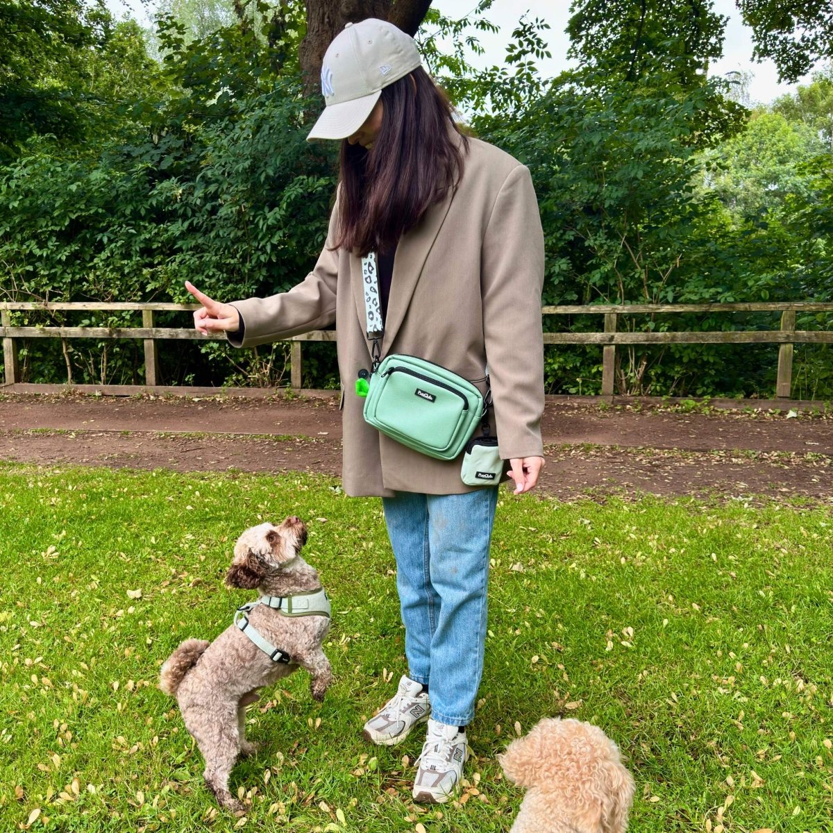 Crossbody Dog Walking Bag - Vegan Leather Sage Green