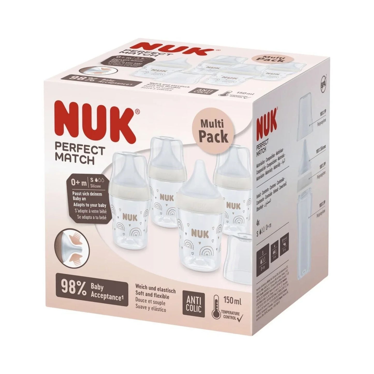 NUK Anti-Colic Perfect Match 150ml Pack of 4 - Rainbow