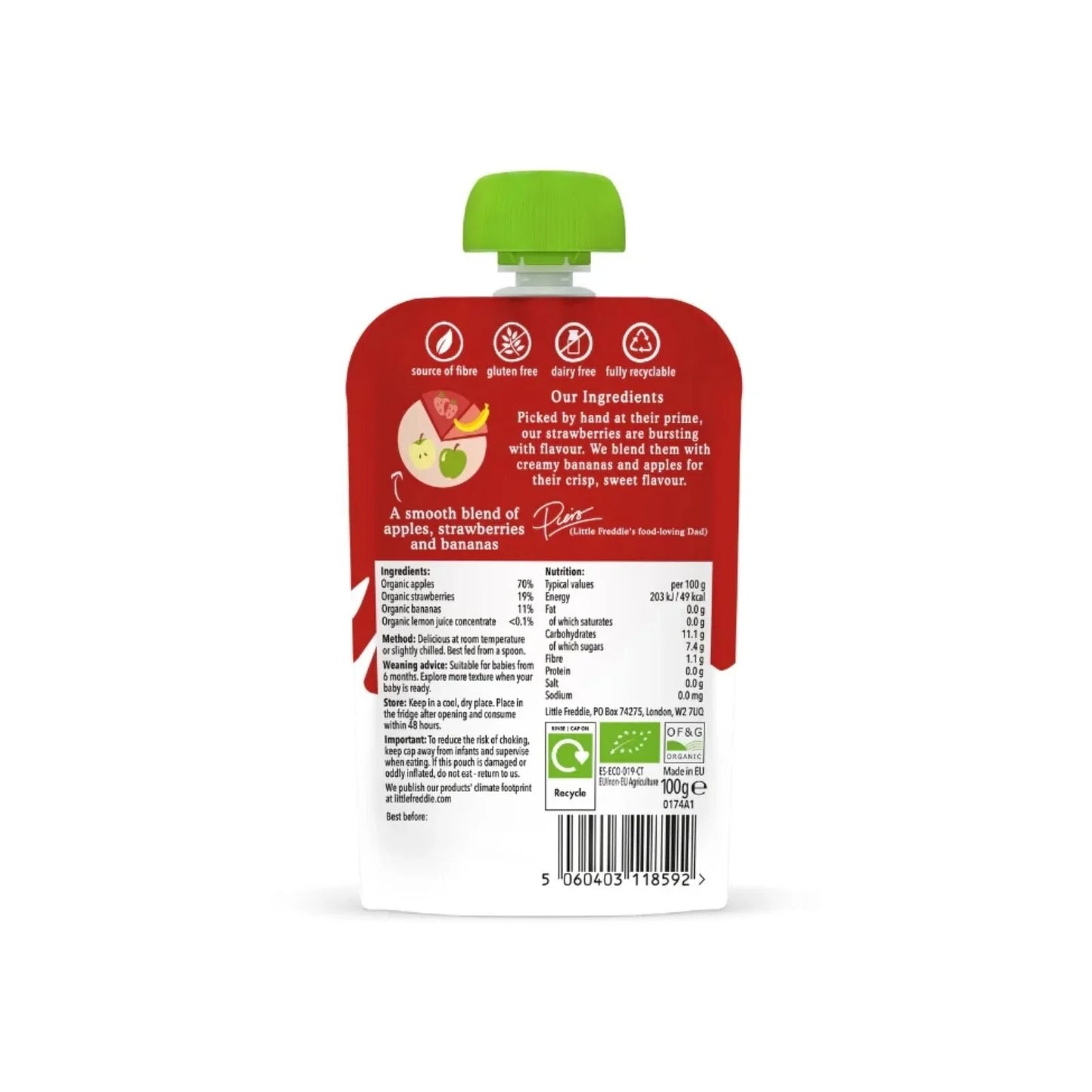 Little Freddie Organic Good for Brains Strawberries Bananas & Apples Baby Food Pouch with Omega 3 6+ months 100g