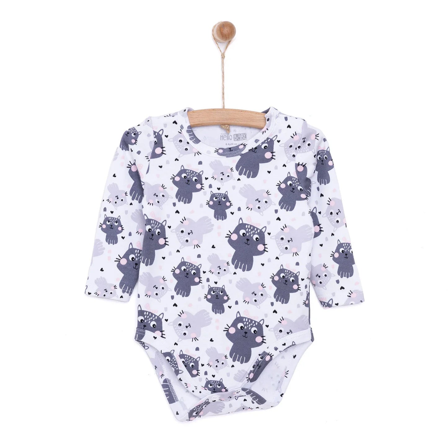 HelloBaby Girl Cat Printed Long Sleeve Bodysuit - White
