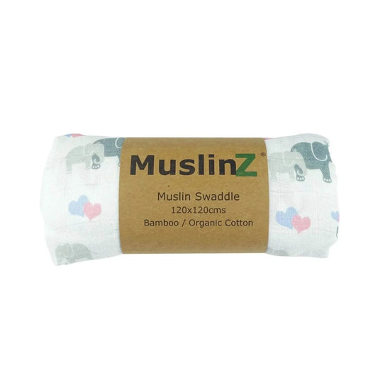MuslinZ Bamboo/Organic Cotton Muslin Swaddle 120x120cm - Elephant