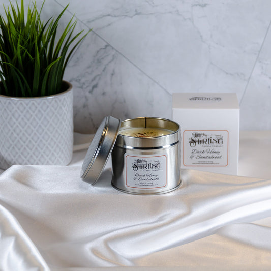 Dark Honey & Sandalwood - Travel Tin Candle - Wooden Wick - mezetto Shopify Collective The Stirling Candle Company