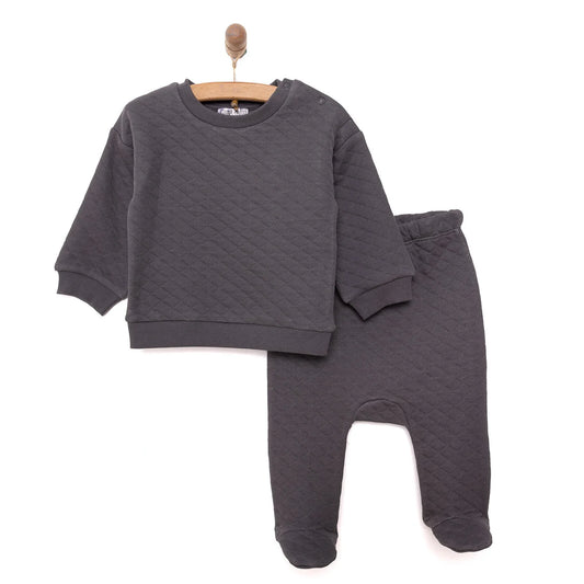 HelloBaby Newborn Quilted Sweatshirt-Footed Bottom - Charcoal