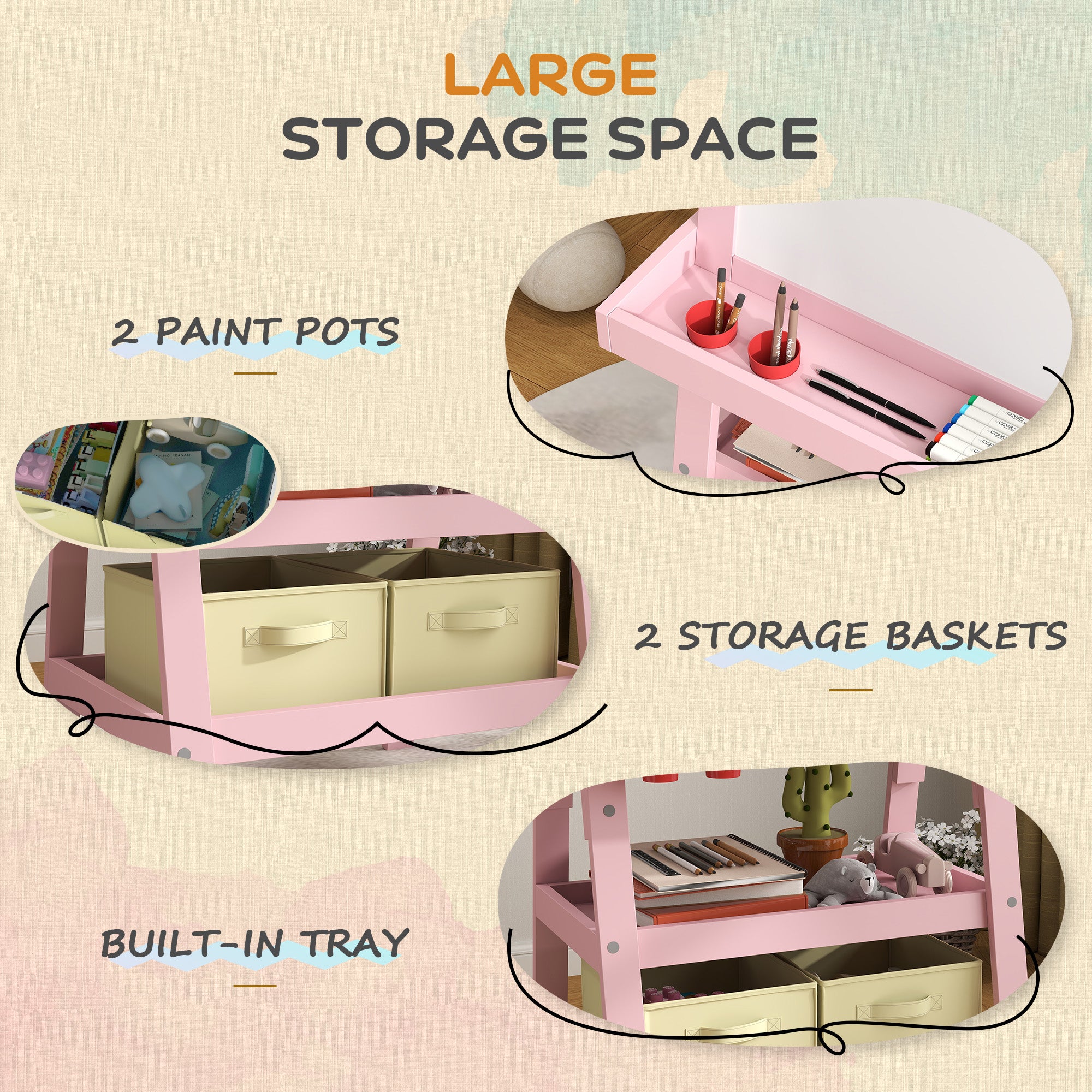 AIYAPLAY 3 in 1 Kids Easel Double-Sided Magnetic Whiteboard and Chalkboard with Paper Roll, Storage Baskets in Pink-3