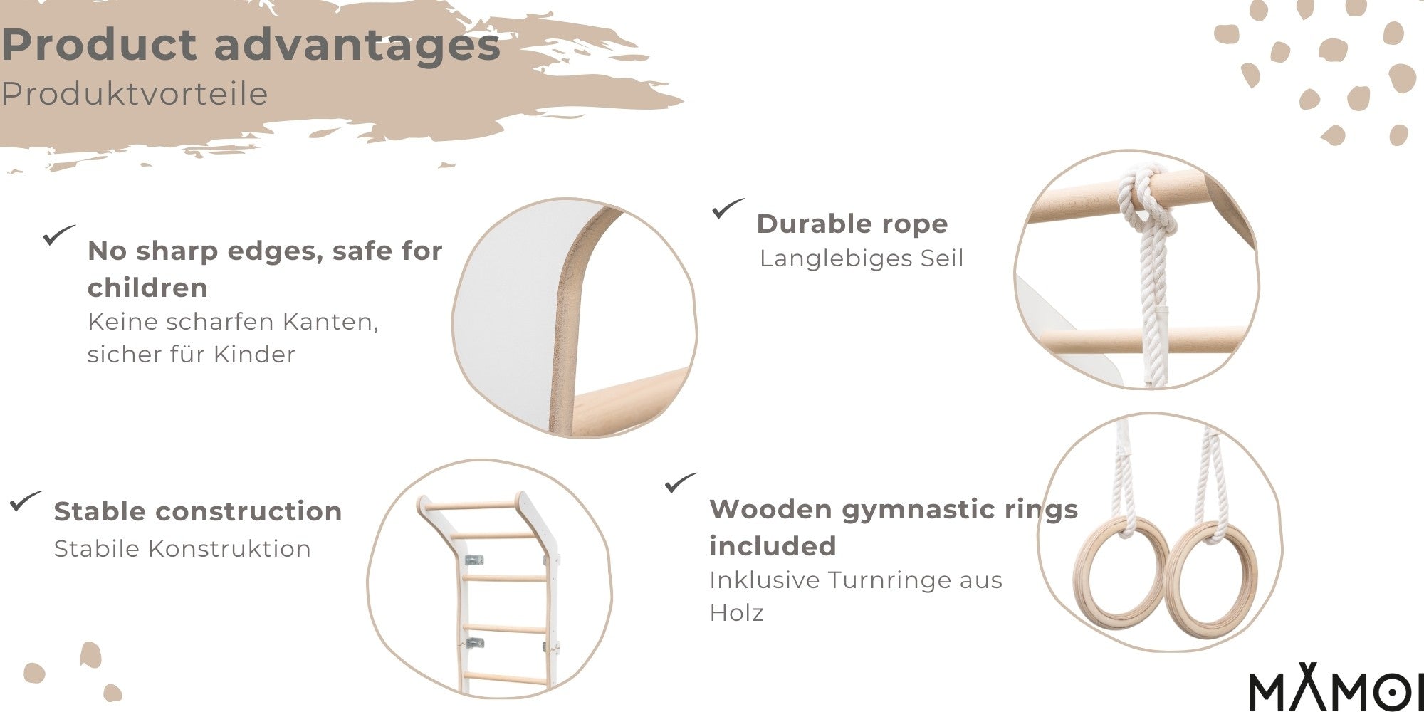 MAMOI® Swedish ladder, Wooden gorilla gym for kids, Indoor baby climbing frame for toddlers, Monkey bars and play gym, Childrens climbing wall, Gymnastics bar and equipment for home-2