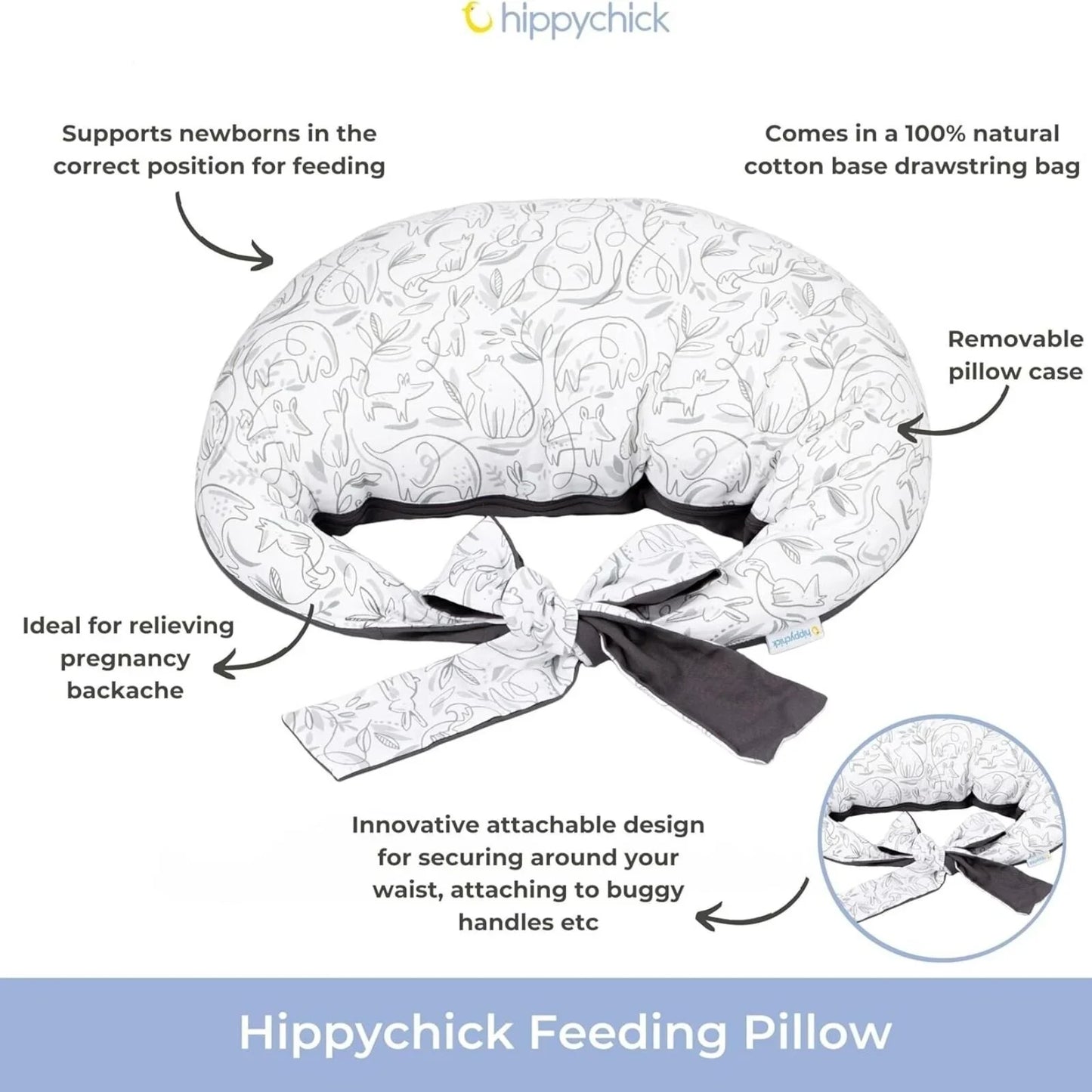 Hippychick Feeding Pillow - Animal Friends Grey