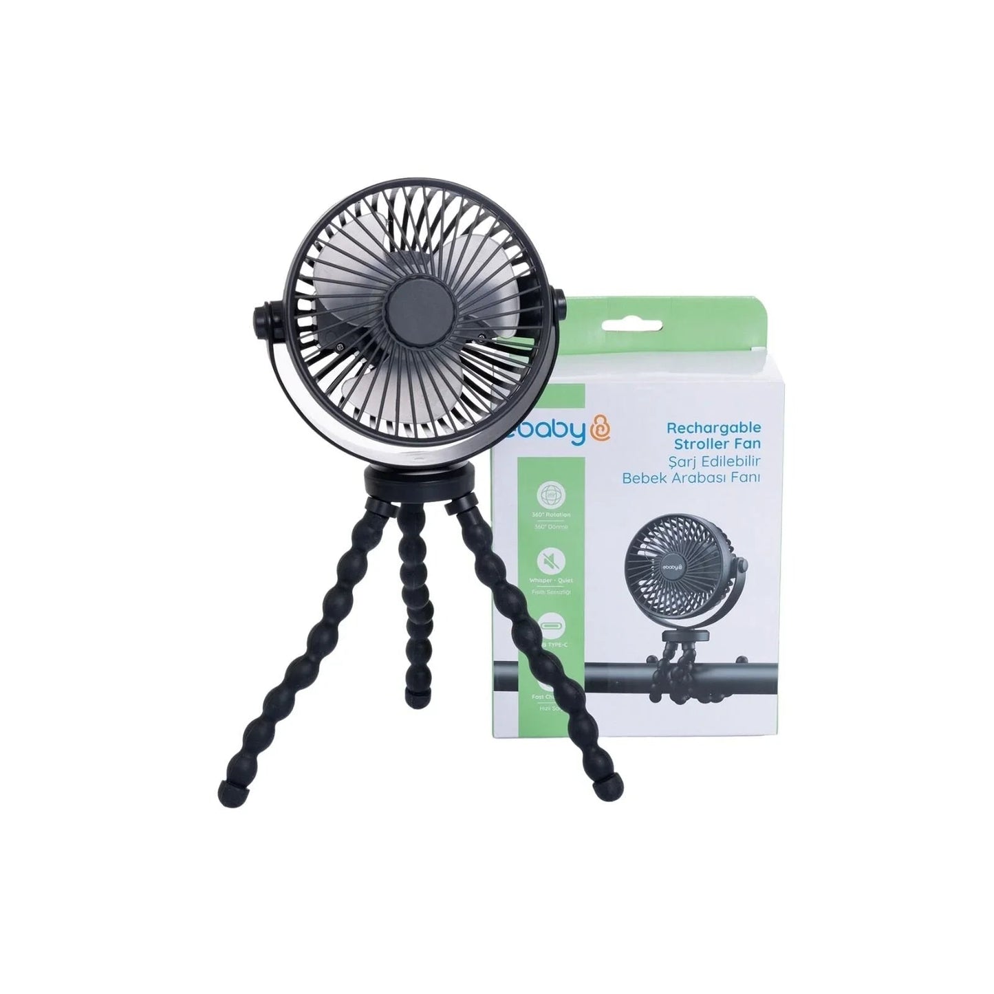 ebaby Rechargeable Stroller Fan - Black - mezetto