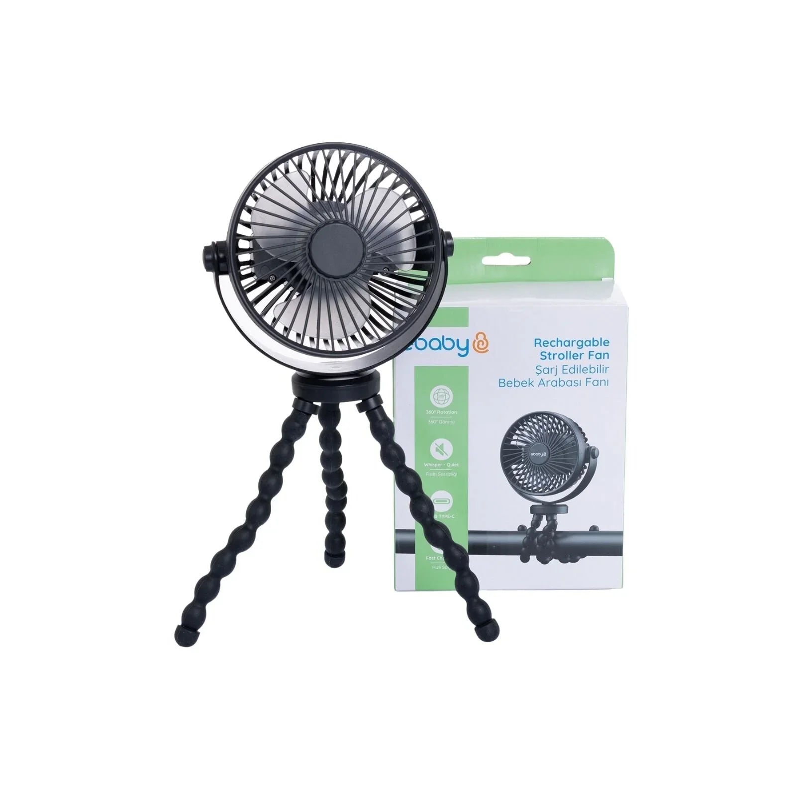 ebaby Rechargeable Stroller Fan - Black - mezetto