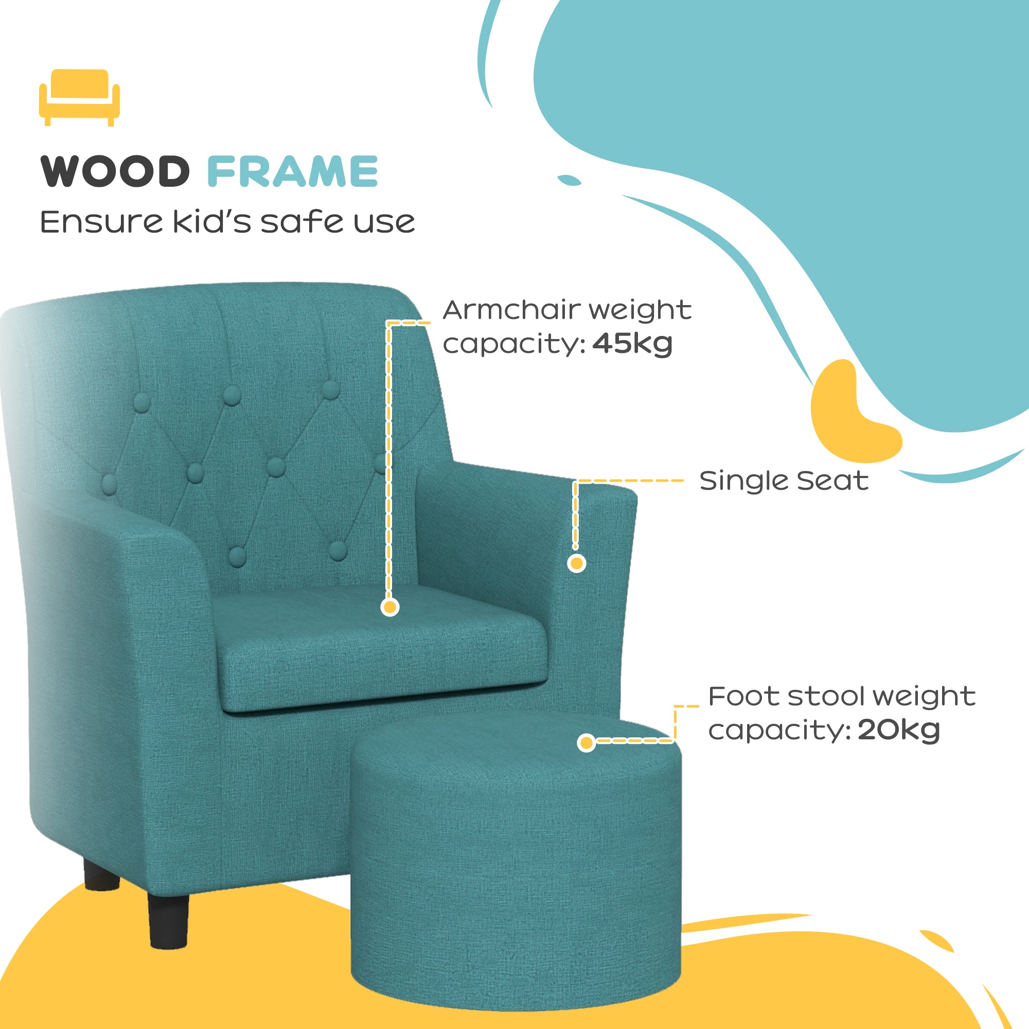 AIYAPLAY 2PCs Kids Sofa Set with Footrest, for Playroom, Bedroom in Blue-3