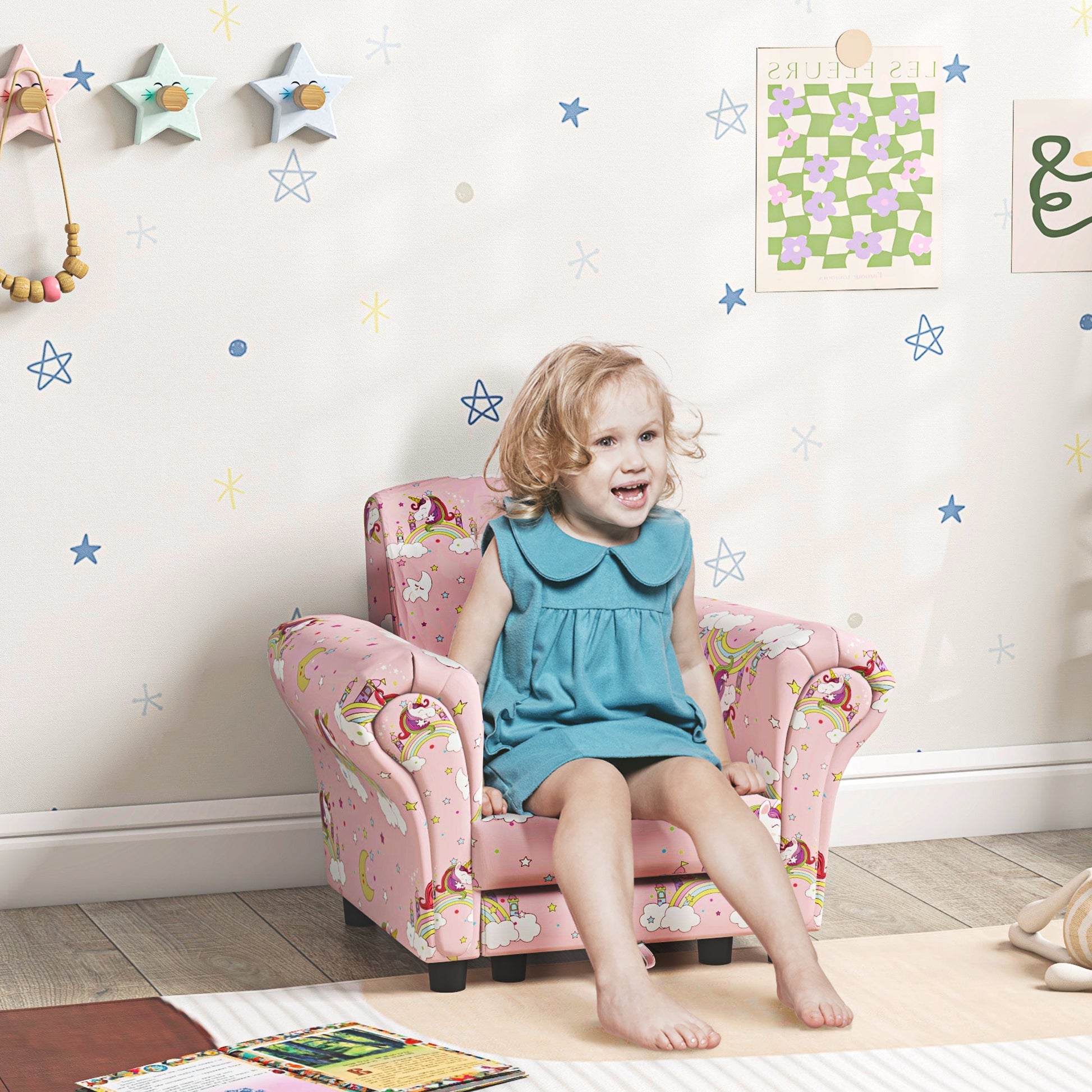 AIYAPLAY 2 Piece Kids Sofa Set with Unicorn Design, Wooden Frame, for 1.5-3 Years Old in Pink-8