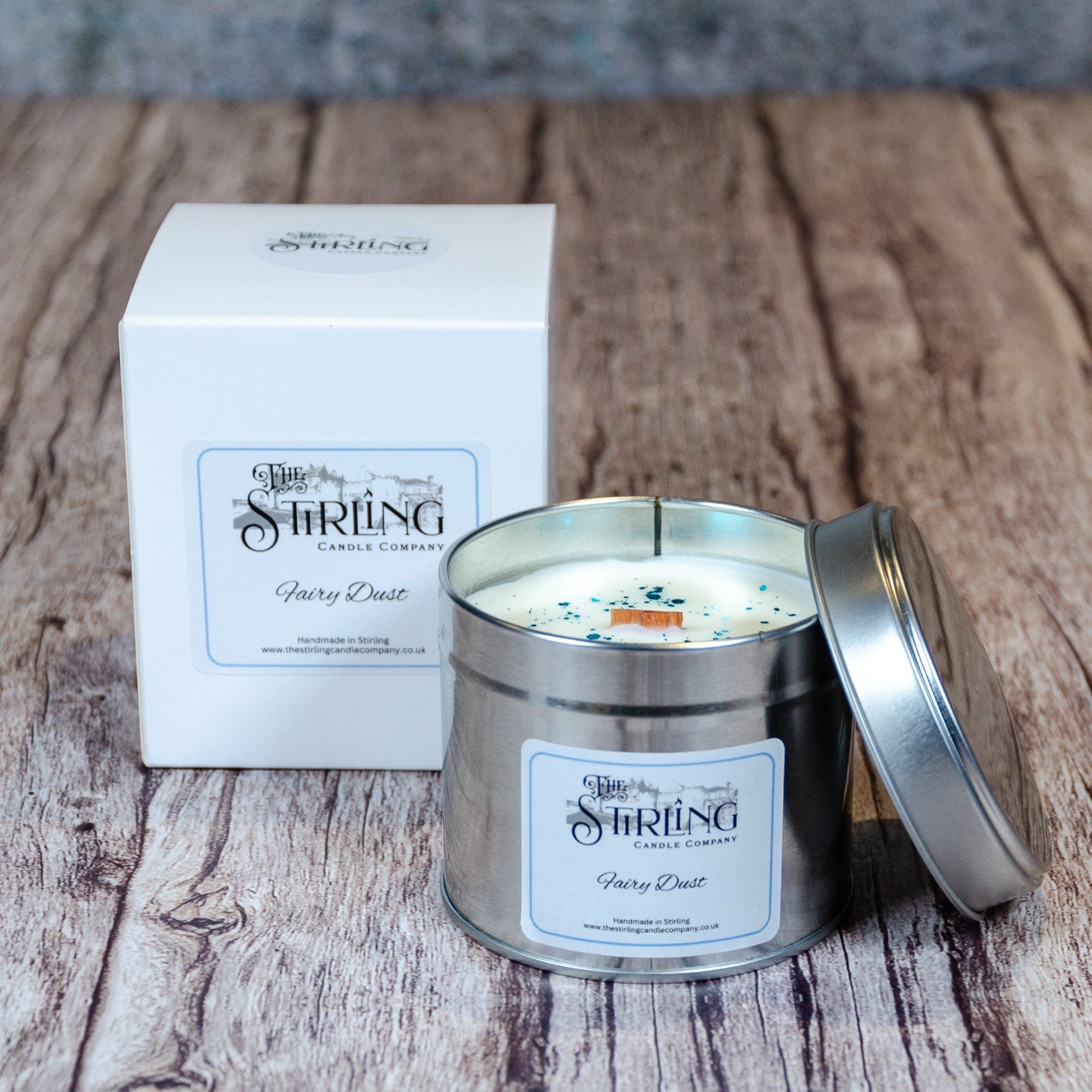 Fairy Dust - Travel Tin Candle - Wooden Wick - mezetto Shopify Collective The Stirling Candle Company