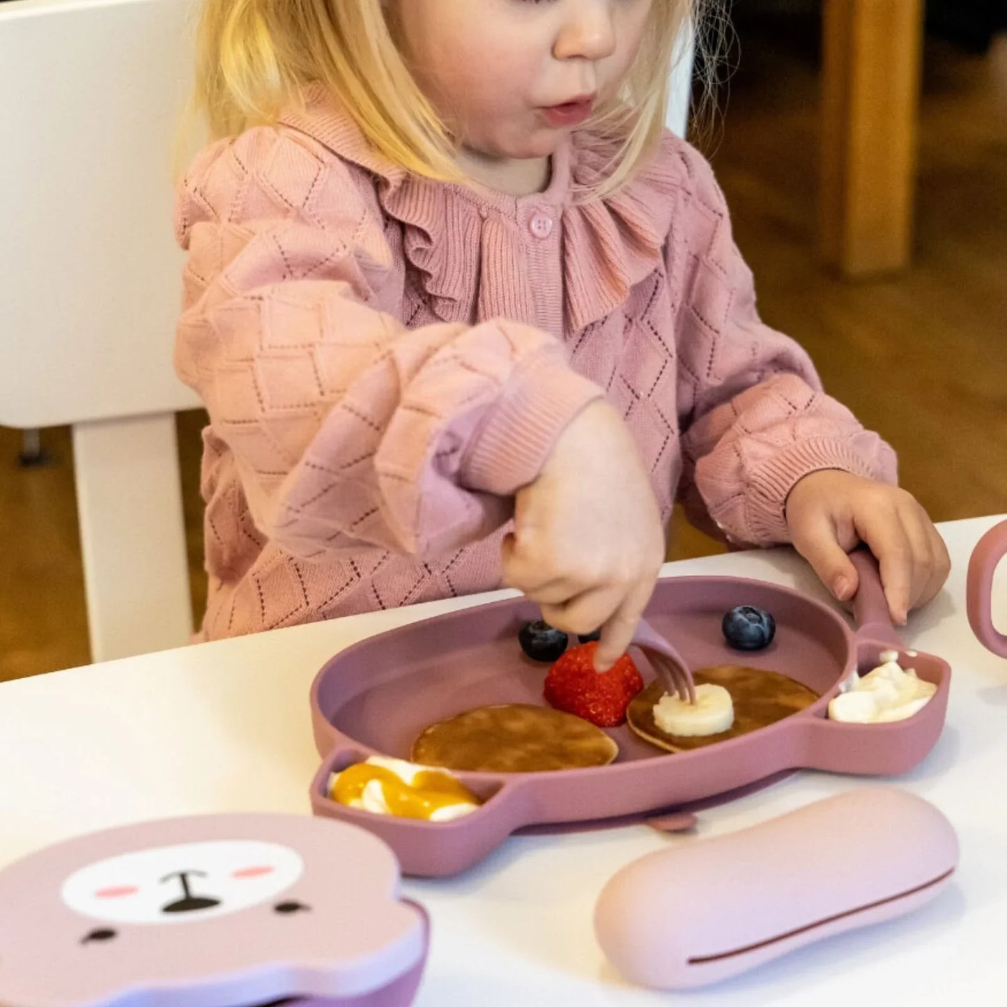 TUM TUM Silicone Weaning Bowl & Spoon Set Betsy Bear - Pink