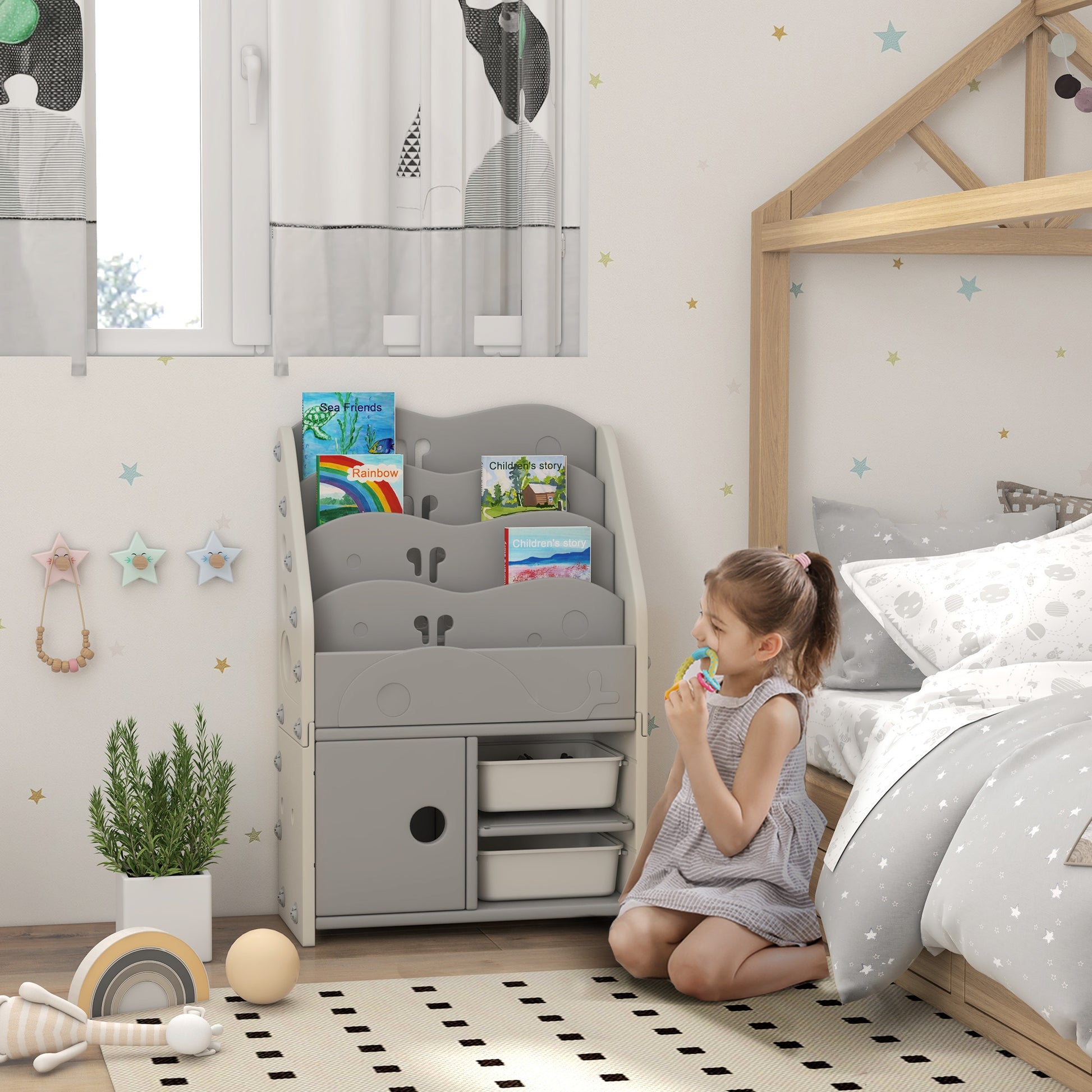 AIYAPLAY Kids Storage Units with 2 Storage Boxes, 4 Tier Bookshelf, Cabinet, 67 x 29 x 98cm Light Grey-8